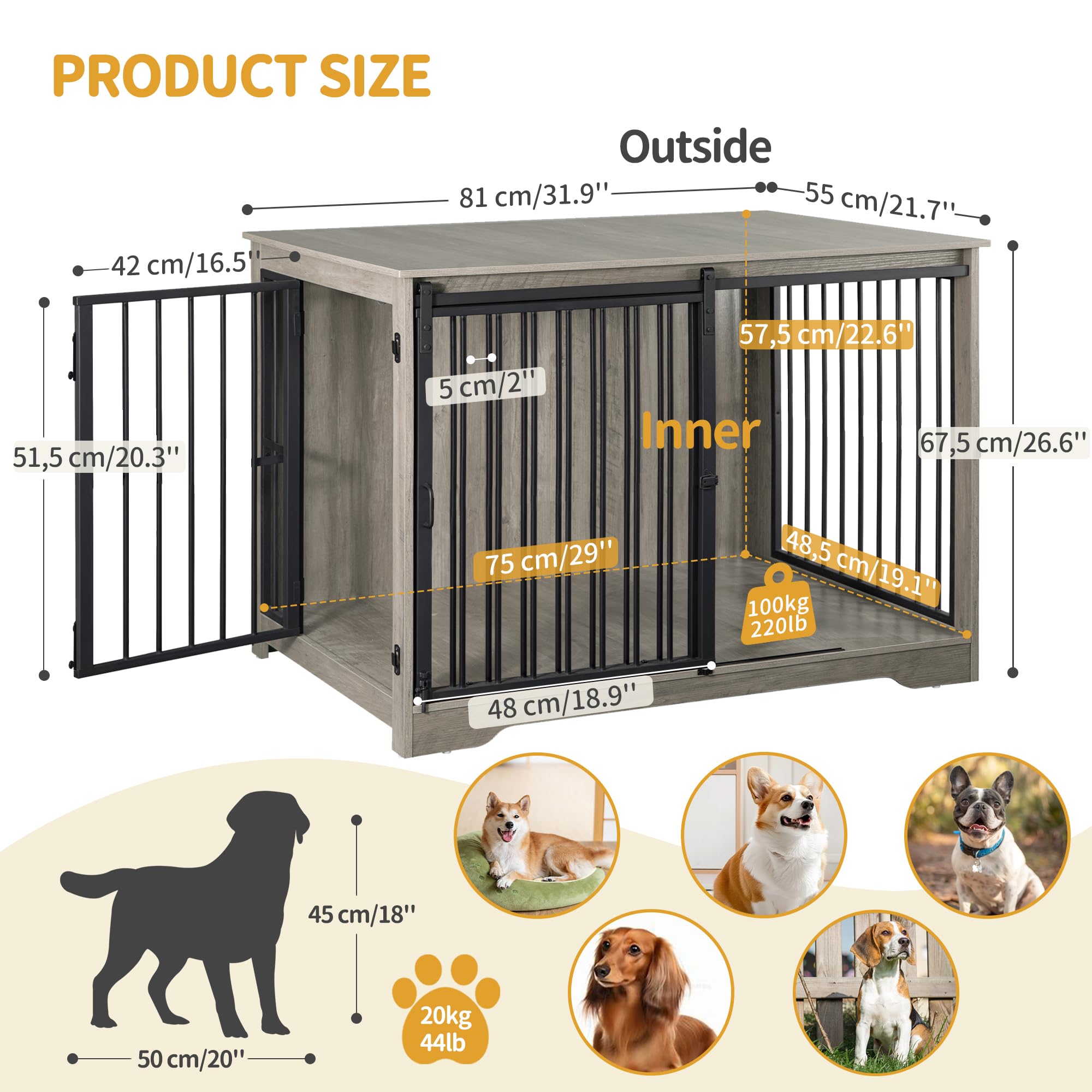 Hzuaneri Dog Crate Furniture, 32 Double Door Dog Crate with Barn Door, Dog Kennel Indoor, End Side Table Wooden Dog Crates for S
