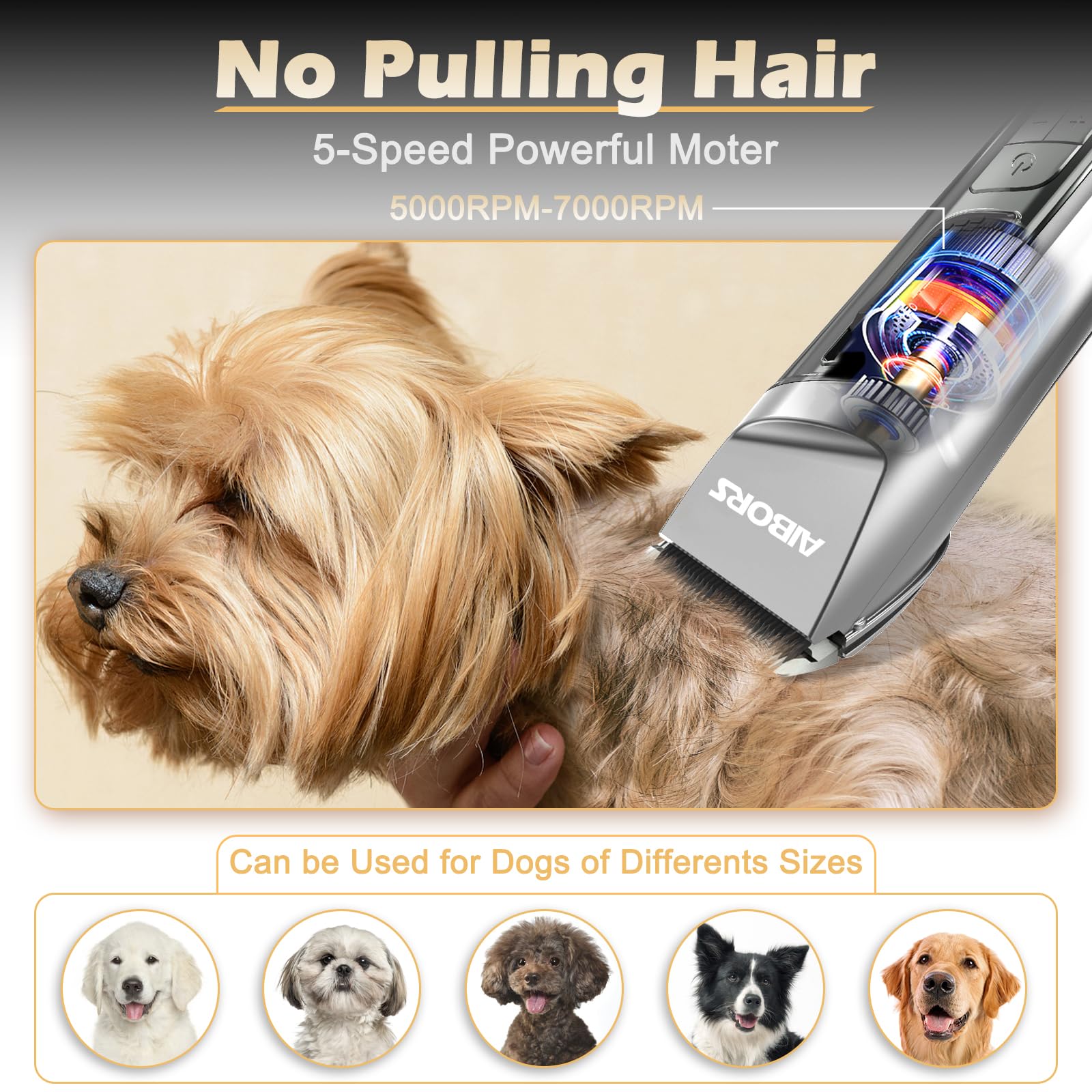 Aibors Dog Clippers For Grooming, 5-Speed Dog Grooming Clippers With Lcd Display, Low Noise, Cordless Pet Hair Clippers Trimmer
