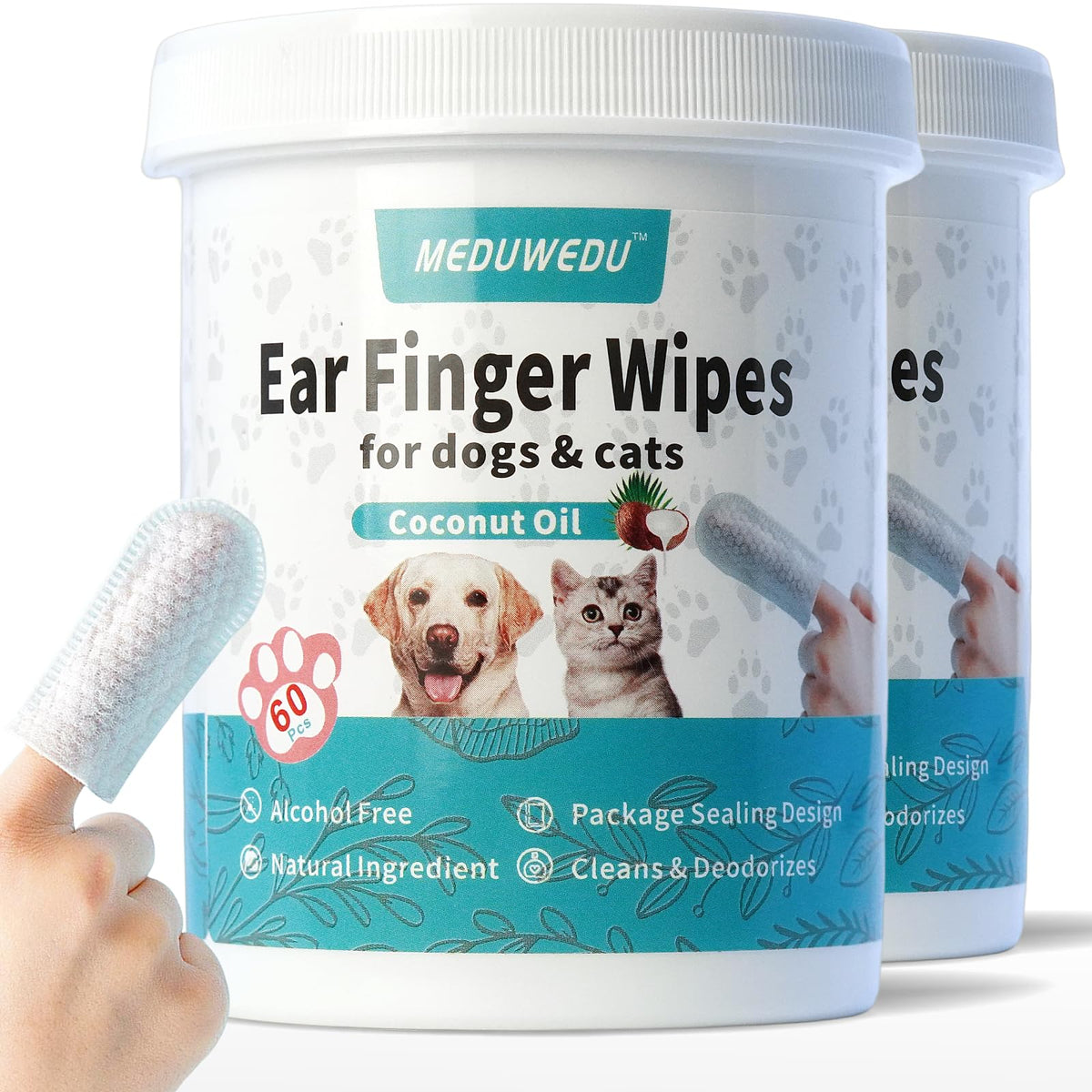 Meduwedu Ear Cleaner Finger Wipes 120 Counts, Dog Ear Cleaner, Grooming Kit Care For Dogs And Cats, Soft & Easy Otic Cleaning Pads, Remove Wax, Dirt & Stop Smelly, Itchy, Non-Irritating, Coconut Scent