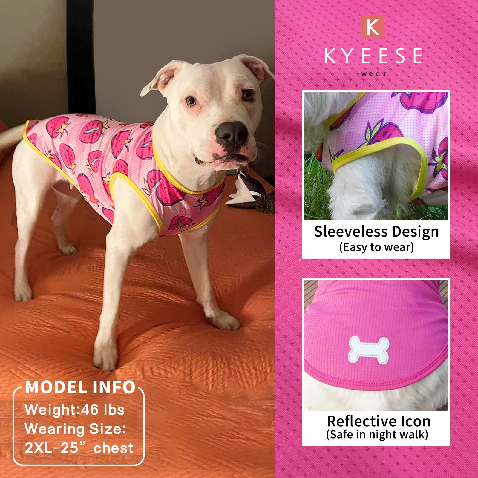 Kyeese 2 Pack Dog Shirt For Small Dogs Quick Dry Lightweight Dog T-Shirts With Reflective Label Tank Top Sleeveless Vest Cat Shirts Clothes For Summer Strawberry Pattern, Small, Strawberry+Rose