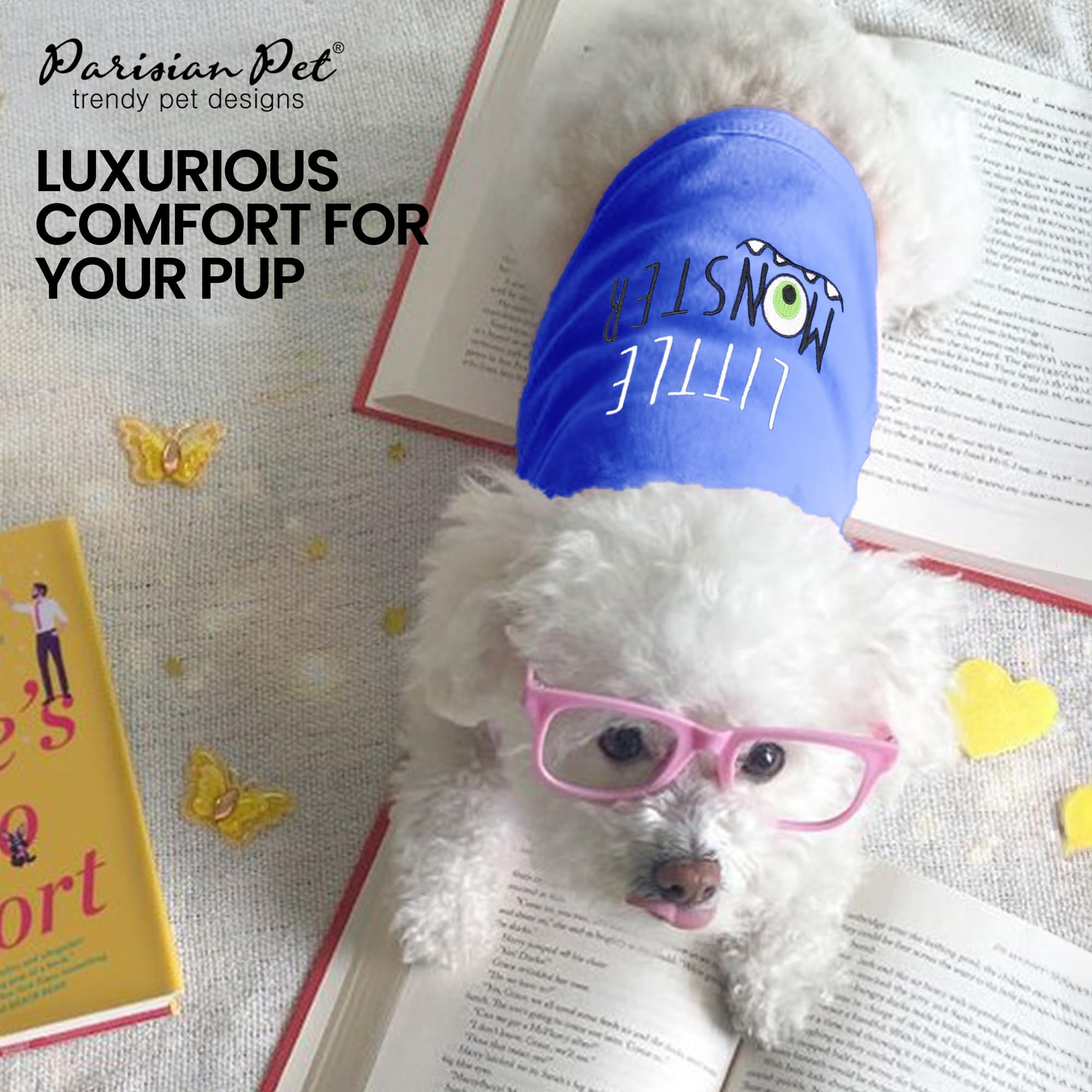 Parisian Pet Dog Tshirt - Embroidered “ Little Monster “ Boy Dog Shirt - Pure Cotton And Lightweight Dog Clothes - Sleeveless Blue Dog Tee Shirts - Machine Washable Dog Shirts For Medium Dogs - M