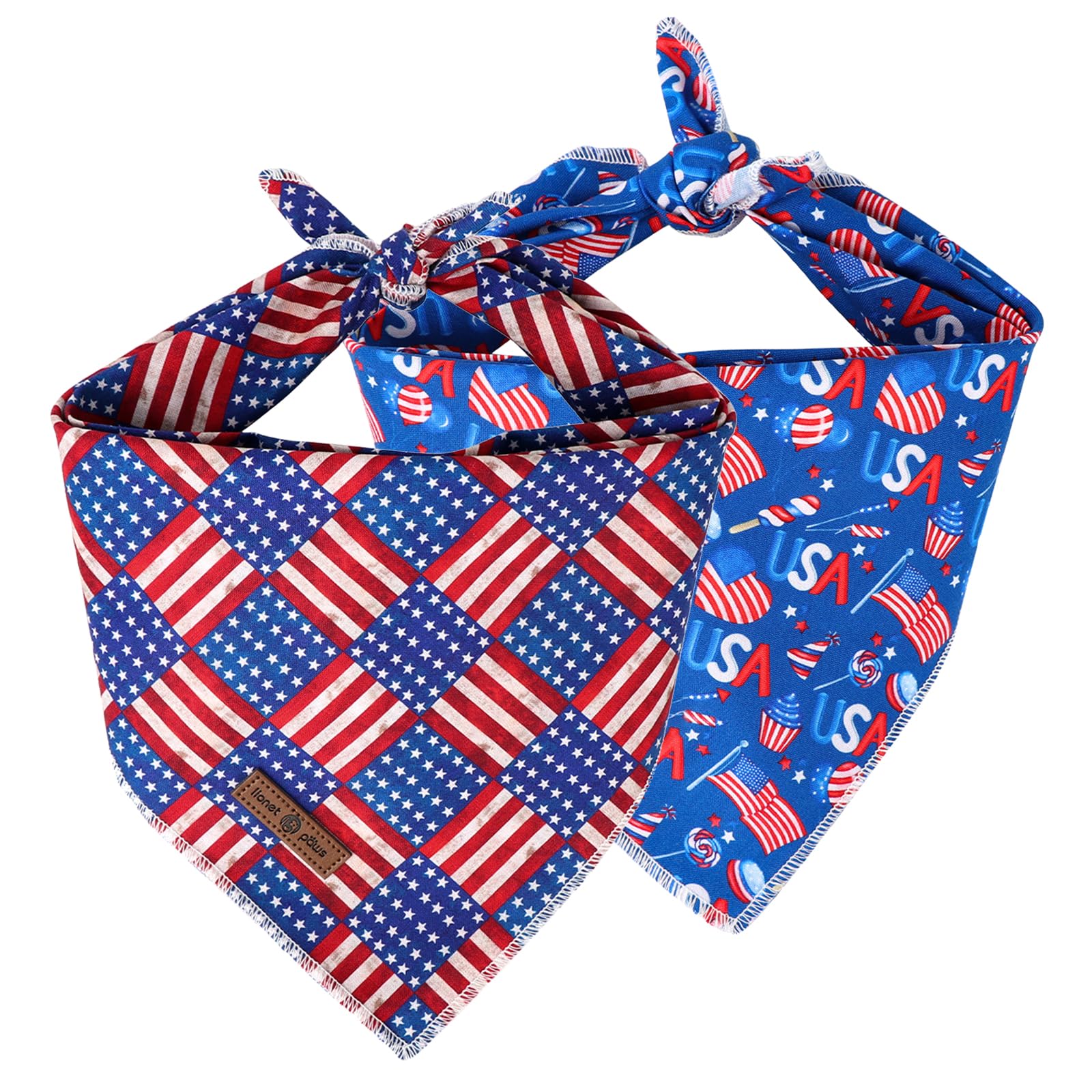 Lionet Paws 4Th Of July Dog Bandanas 2 Pack, American Washable Triangle Bibs Scarf Kerchief, Adjustable Holiday Scarves For Medi