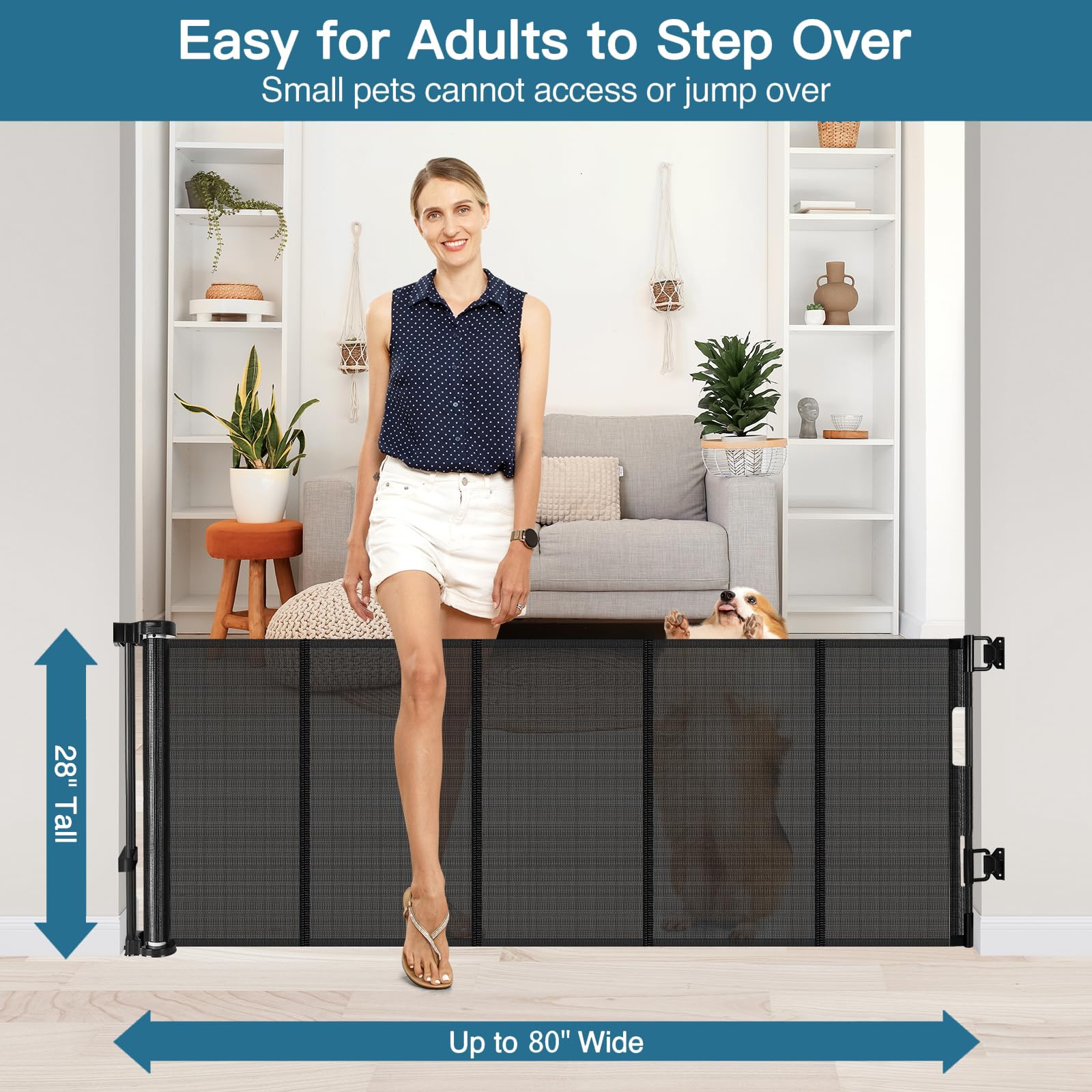 Stcockis 28" Tall Retractable Dog Gate, 80" Wide PVC Mesh, Easy Step Over, Black