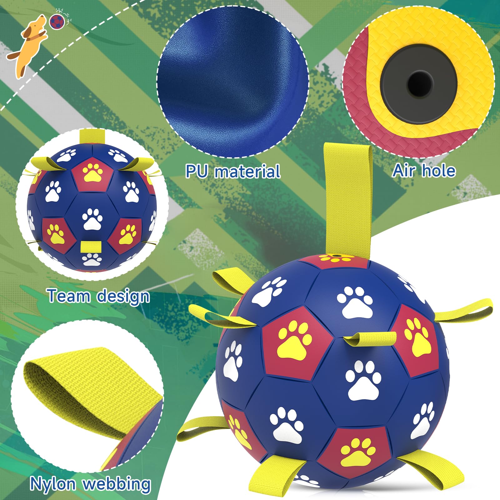 Qdan Dog Toys Soccer Ball With Straps: Durable Balls For Large Dogs, Outdoor Dog Toys, Summer Pet Water Toy, Herding Ball, Puppy