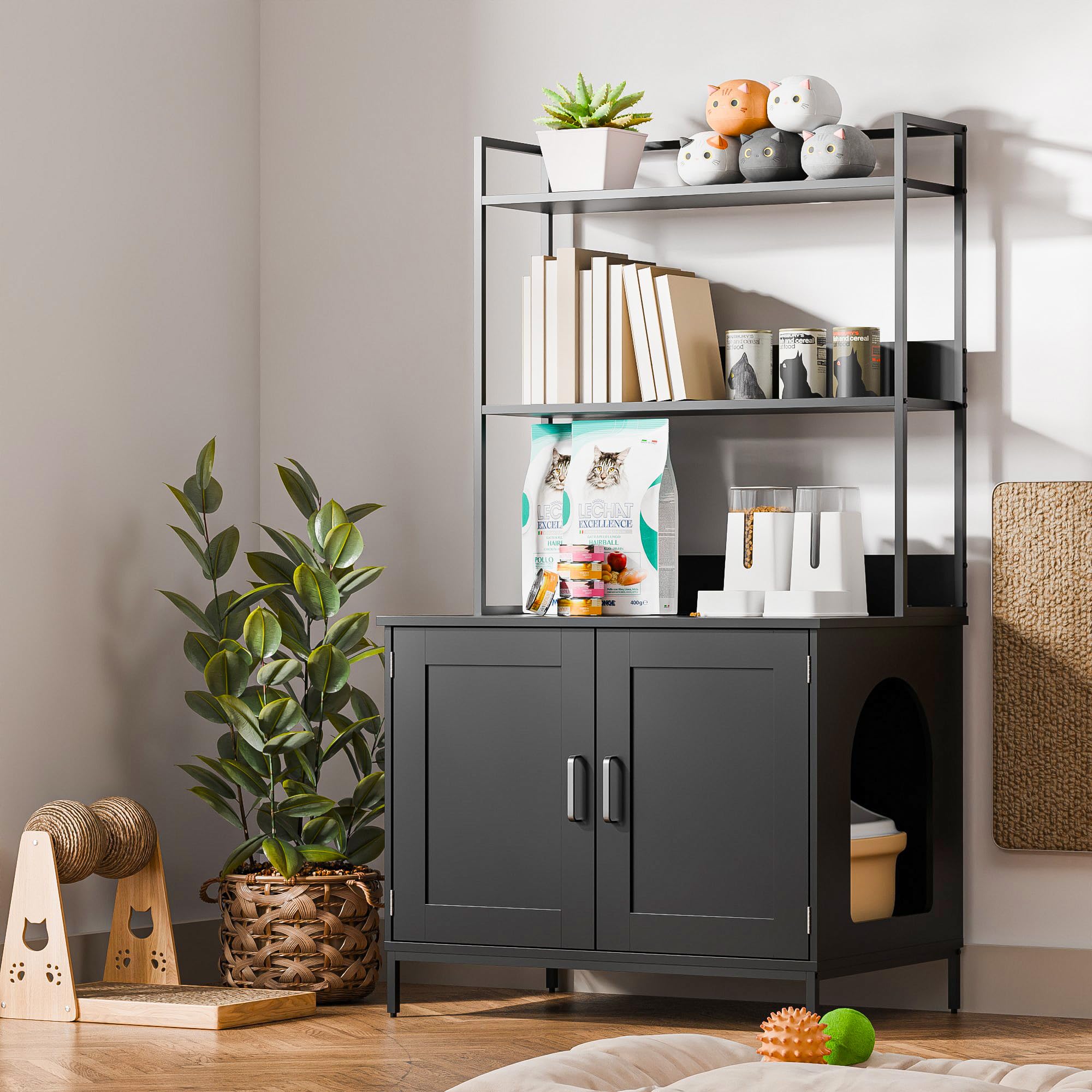 Cozy Castle Litter Box Enclosure, 57 Cat Litter Box Furniture with Large Cabinet, Shelves, Hidden Cat House for Most of Litter