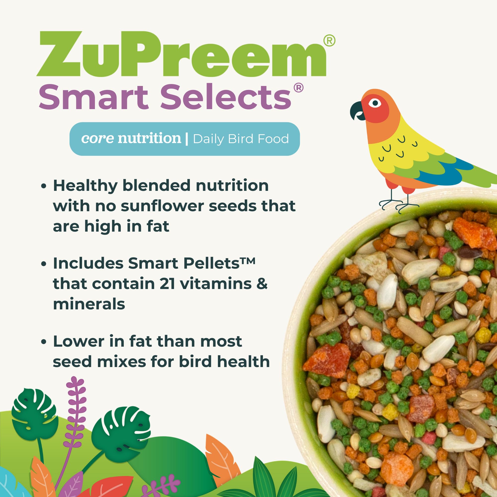 ZuPreem Smart Selects Daily Bird Food for Parrot, Conure, Caique, African Grey, Eclectus, Small Cockatoo, Bird Pellets and Seed