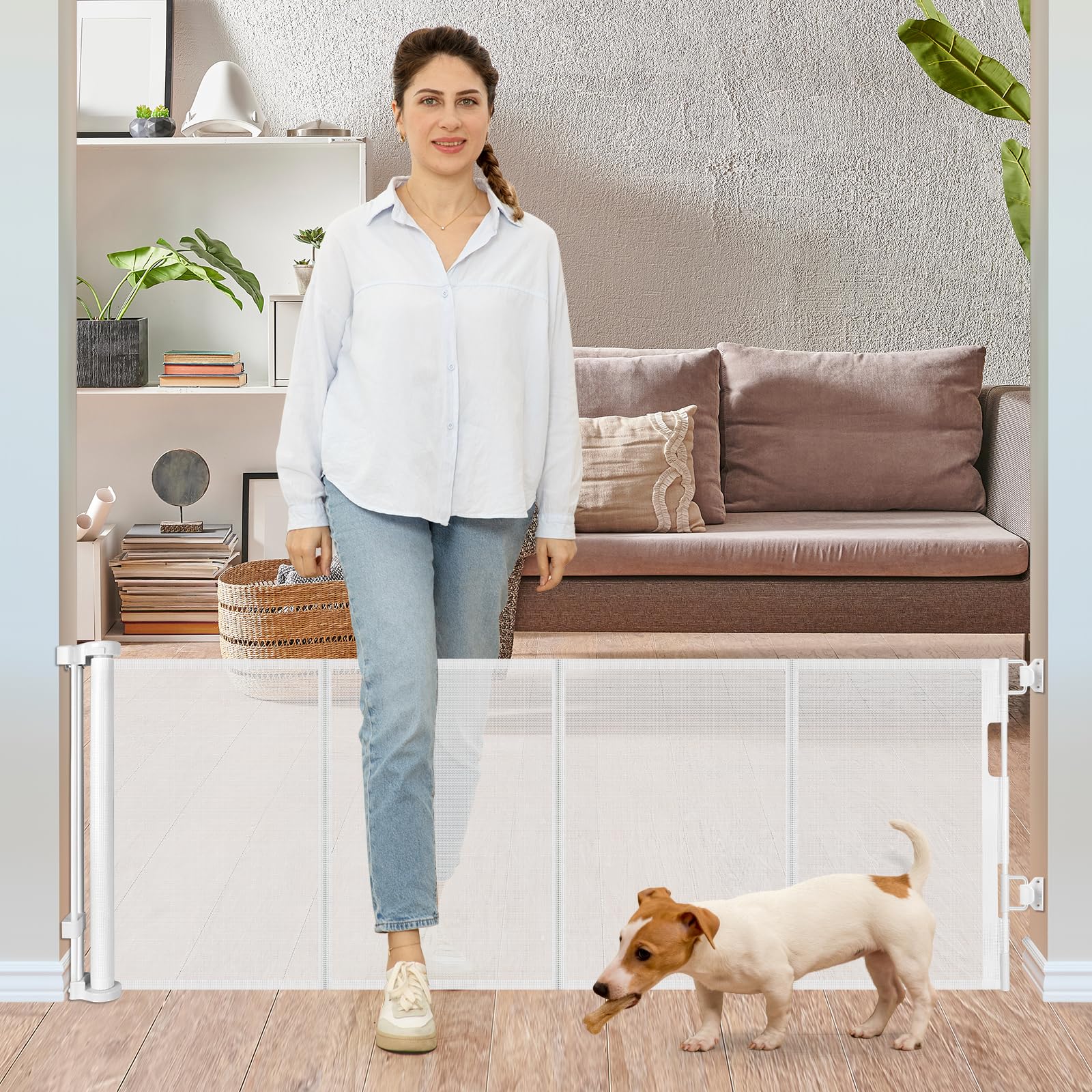 24 Inches Tall Retractable Dog Gate for The House, Short Baby Gates to Step Over, Extends up to 55'' Wide, Reinforced Mesh Puppy