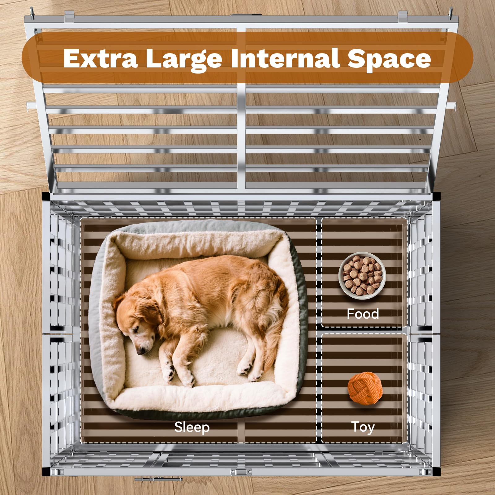 Holiwei 37 Heavy Duty Dog Crates for Large Dogs, Upgraded 4 Lockable Wheels, Stainless Steel Kennel Dog Kennel Indoor, Max Load