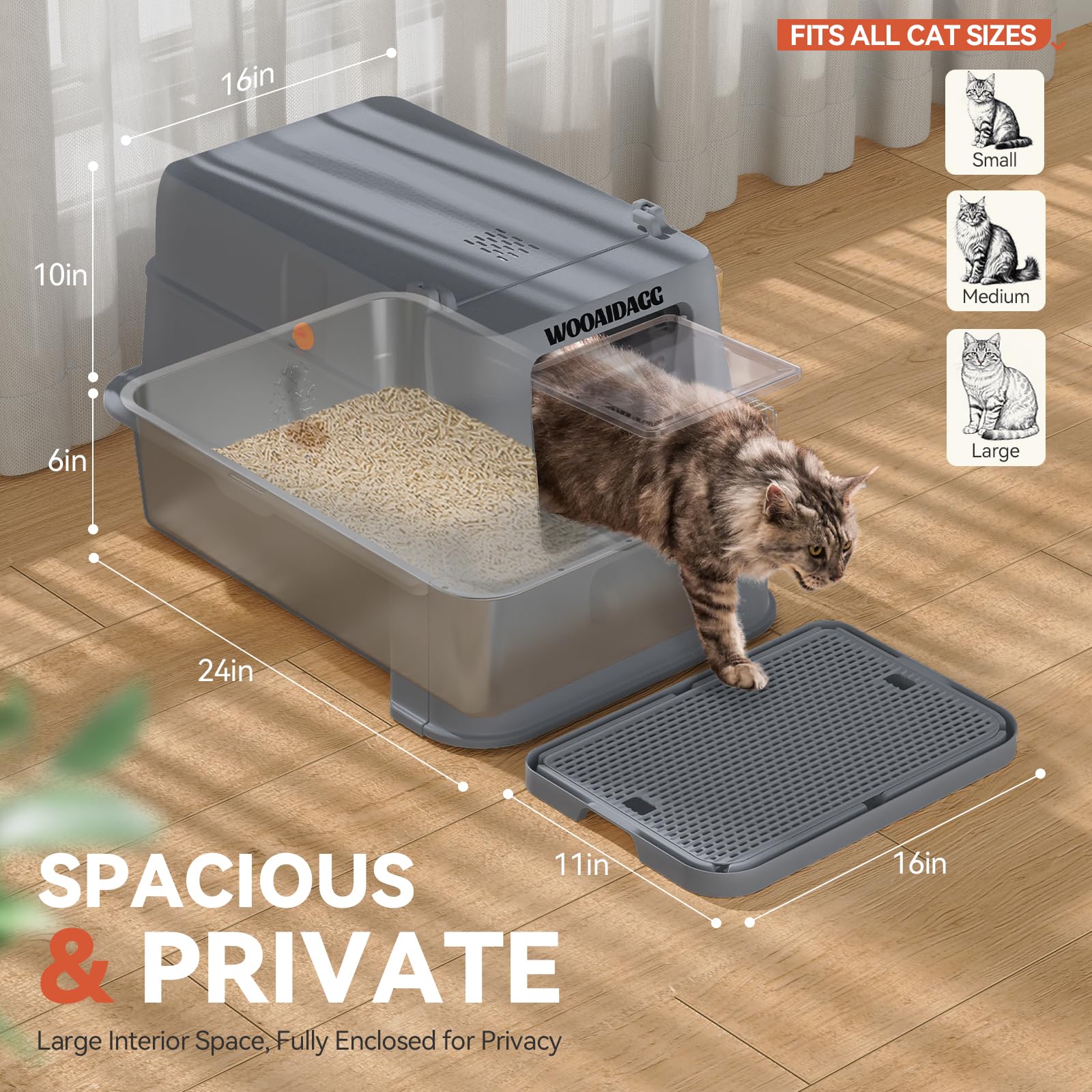 Wooaidagg Covered Stainless Steel Cat Litter Box With Odor Control, Modular Design With Drawer, Easy To Clean With Scoop,Xl Size