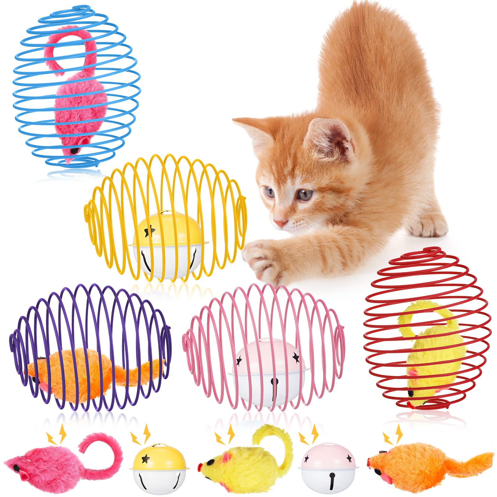 Jecery Cat Spring Balls Toys Stretchable Rolling Balls Colorful Playful Coils Interactive Action Toy Caged Rats for Kitten Pet S