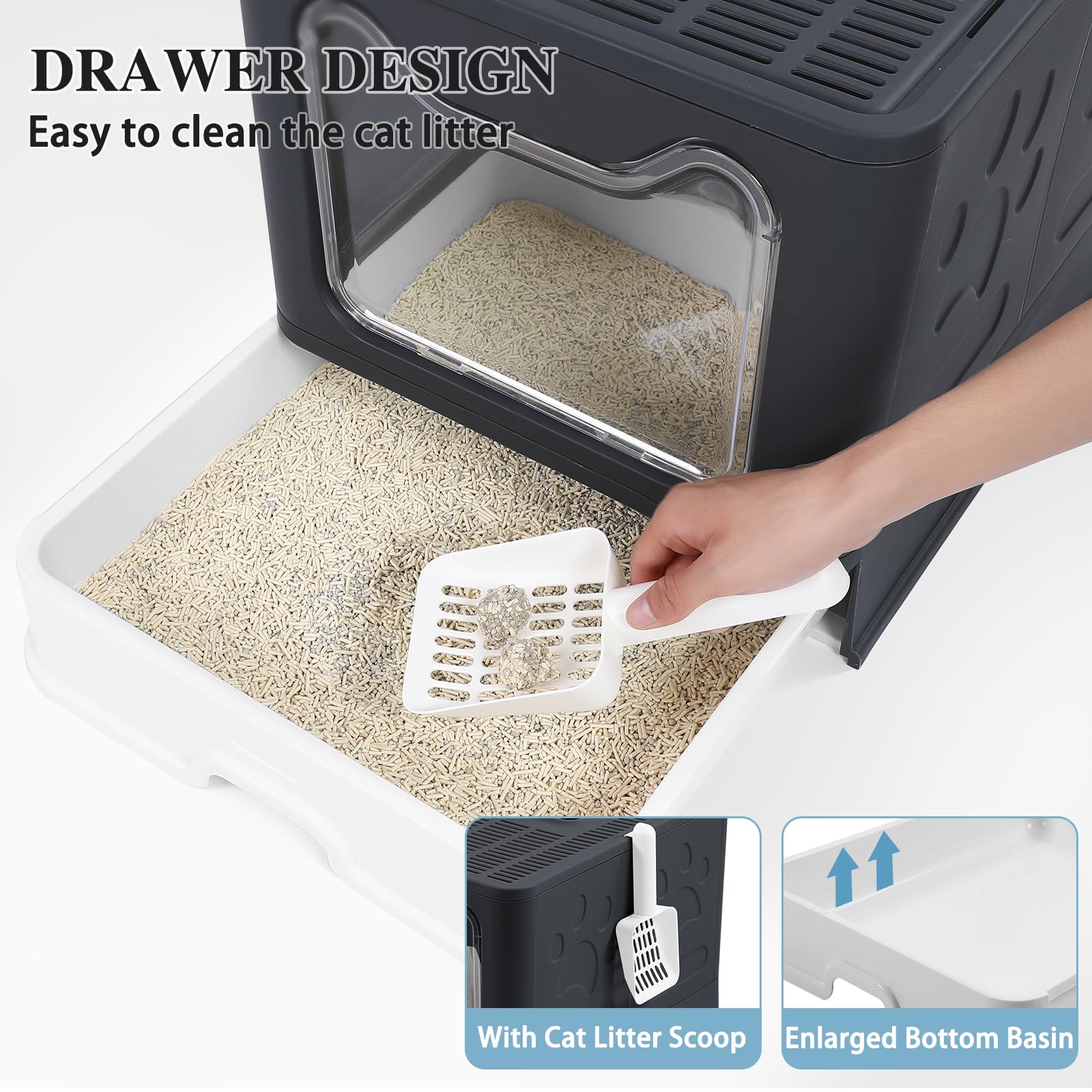 Bolux Foldable Cat Litter Box With Lid, Extra Large, Drawer Type Cat Litter Pan Easy To Scoop & Low Tracking (Dark Grey, 20'' L