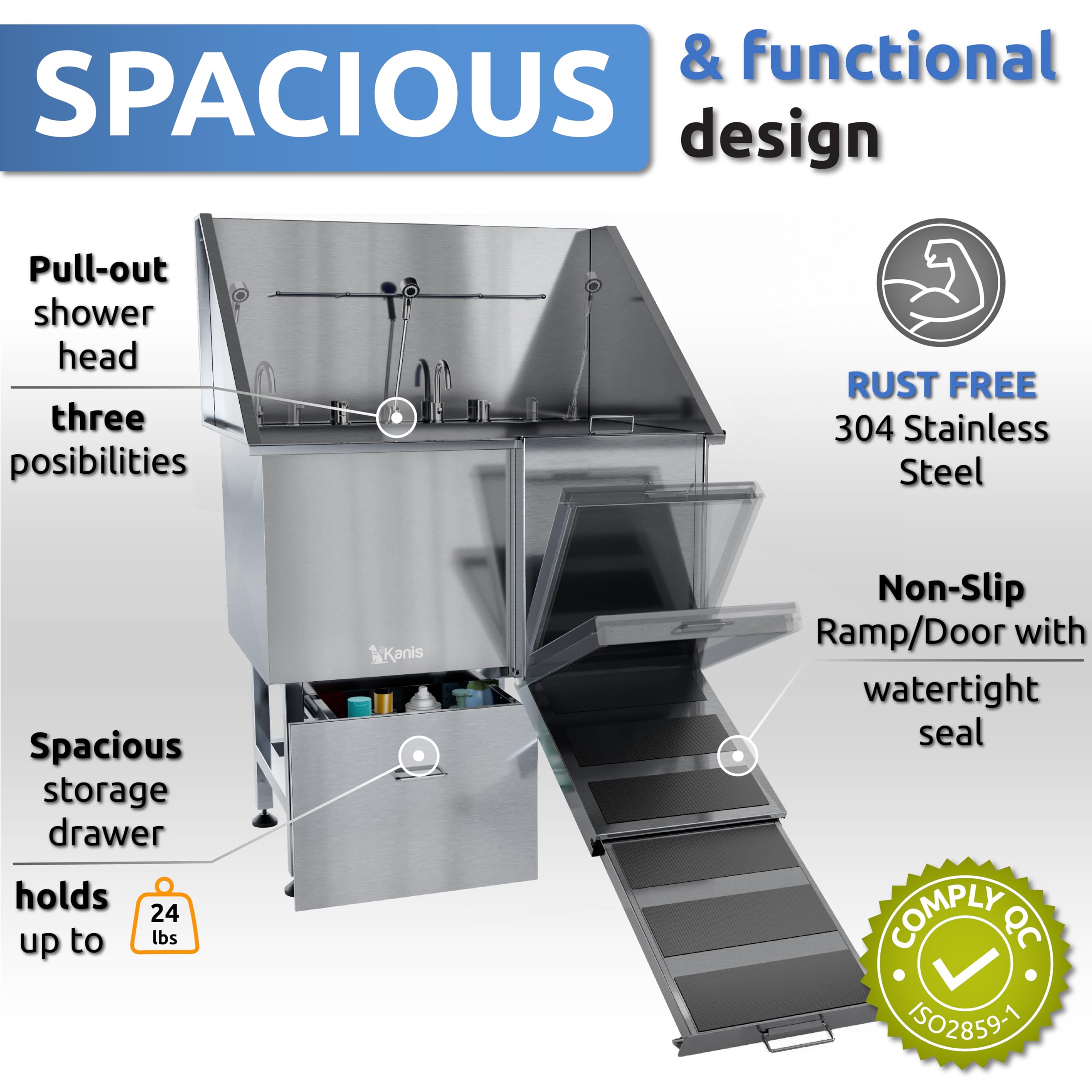 Kanis Professional Stainless Steel Dog Bathing Station - Grooming Tub W/Ramp, Storage Drawer, Floor Grate & Faucet/Dog Bathtub F