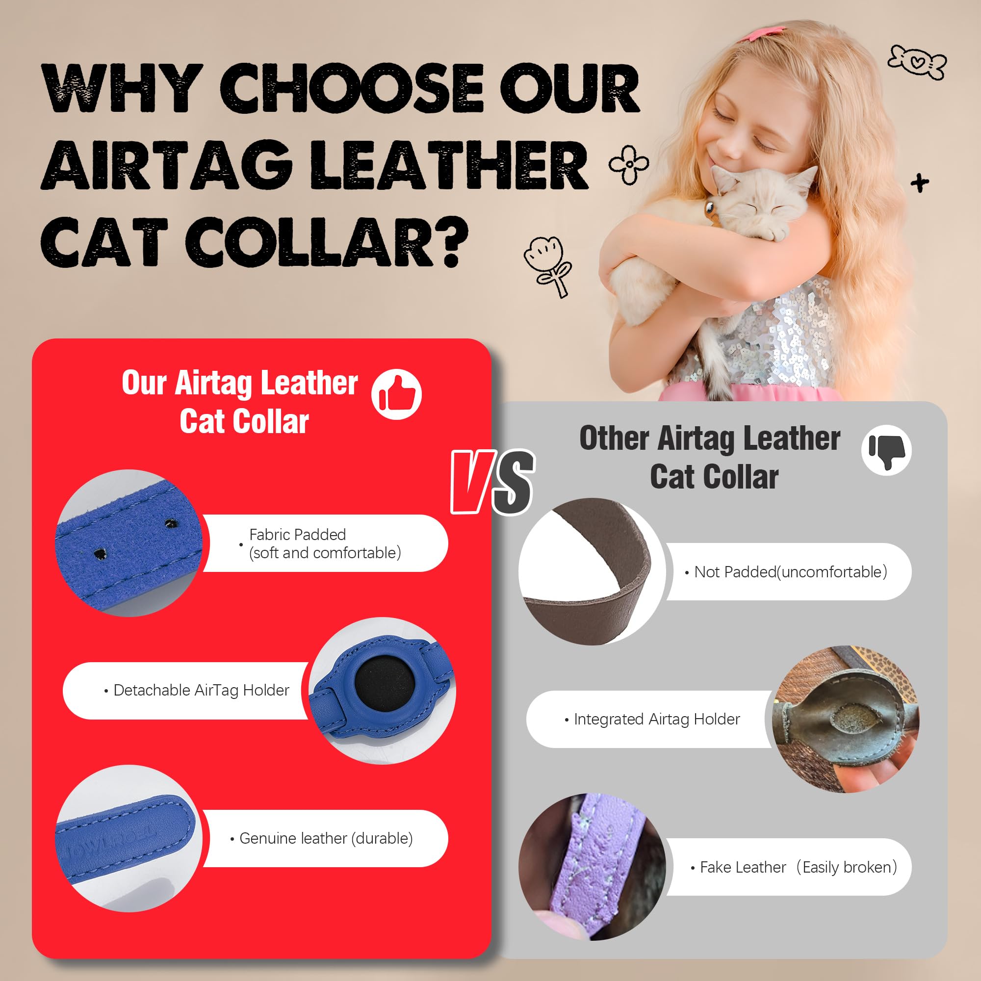 Jowlroel Airtag Cat Collar With Bell & Fabric Liner - Pet Collar Leather Cat Collar - Non Breakaway Leather Kitten Collar With A