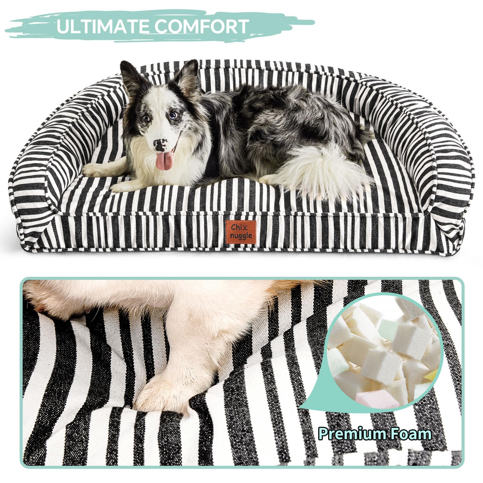 Chixnuggle Dog Bed For Large Dogs, Waterproof Canvas Striped Big Pet Bed With Washable Removable Cover, 36X27X7Inches (Size L)