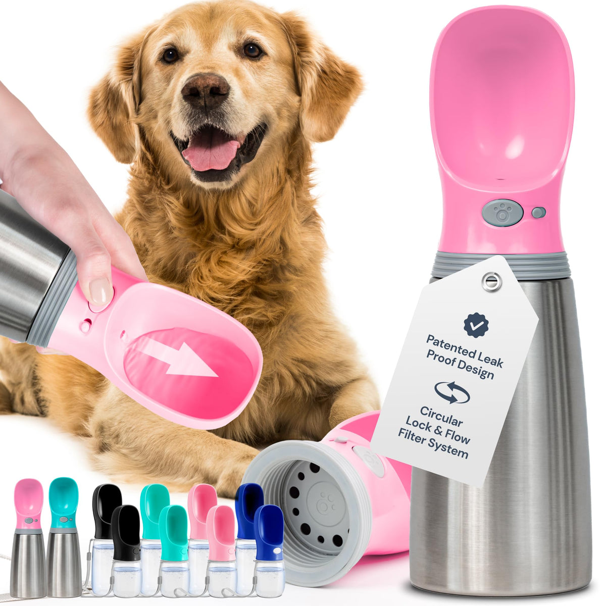 Malsipree Stainless Steel Dog Water Bottle (24 Oz), Leak-Proof And Portable, With Pink Water Bowl For Puppy Or Dog Travel