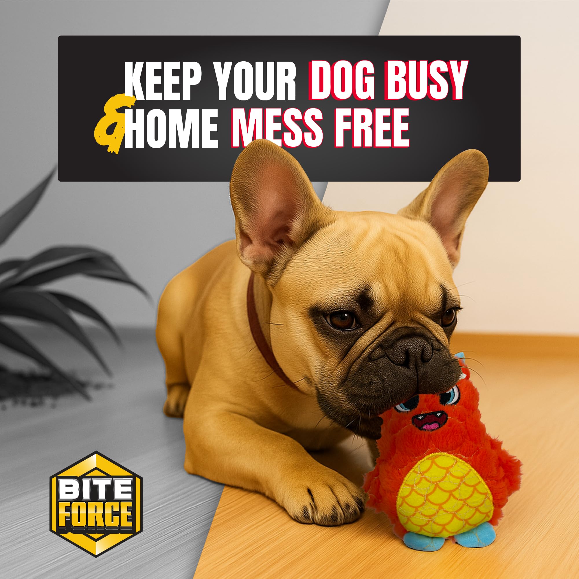Bite Force - Durable & Strong Dog Toy Orange Monster with Squeaker, Kevlar-Reinforced for Aggressive Chewers.