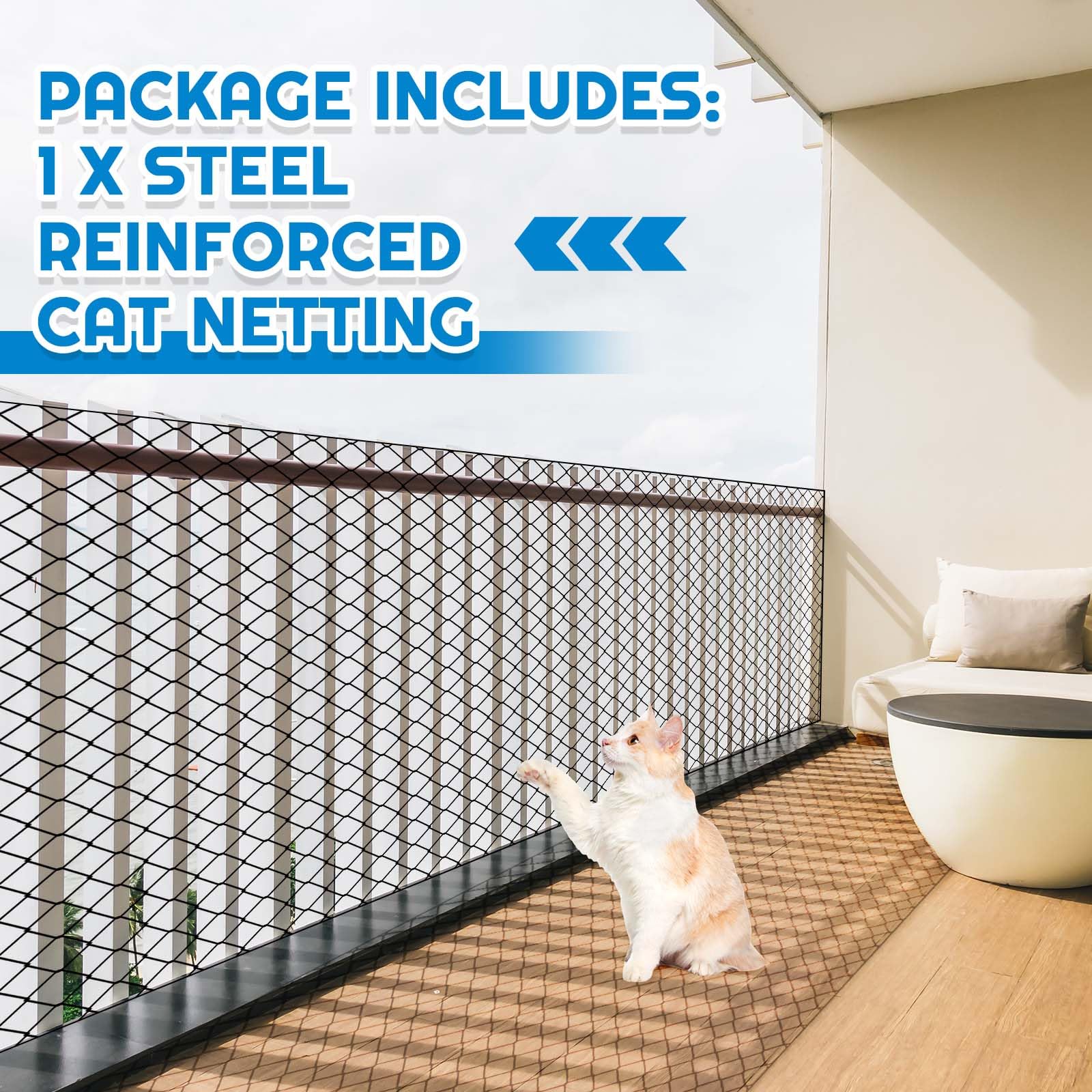 MorningRo Steel Cat Netting Balcony, 10ft x 20ft Steel Reinforced Cat Wire for Balcony, High Strength Safety Pet Netting for Cat