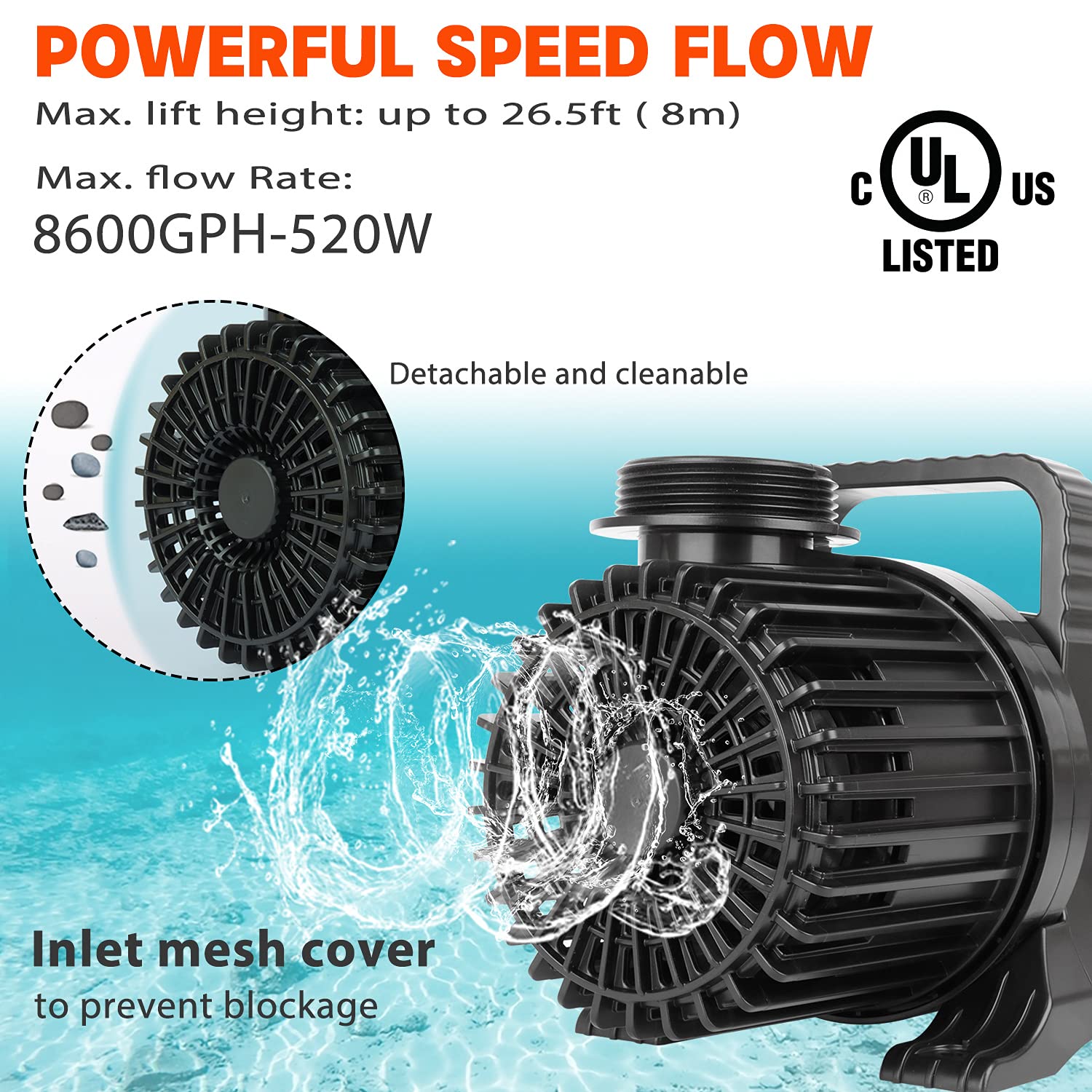 WaterRebirth High Flow Submersible Pump 8600GPH 520W Black - UL Listed for Ponds, Fountains & Aquariums, Silicon Carbide Material