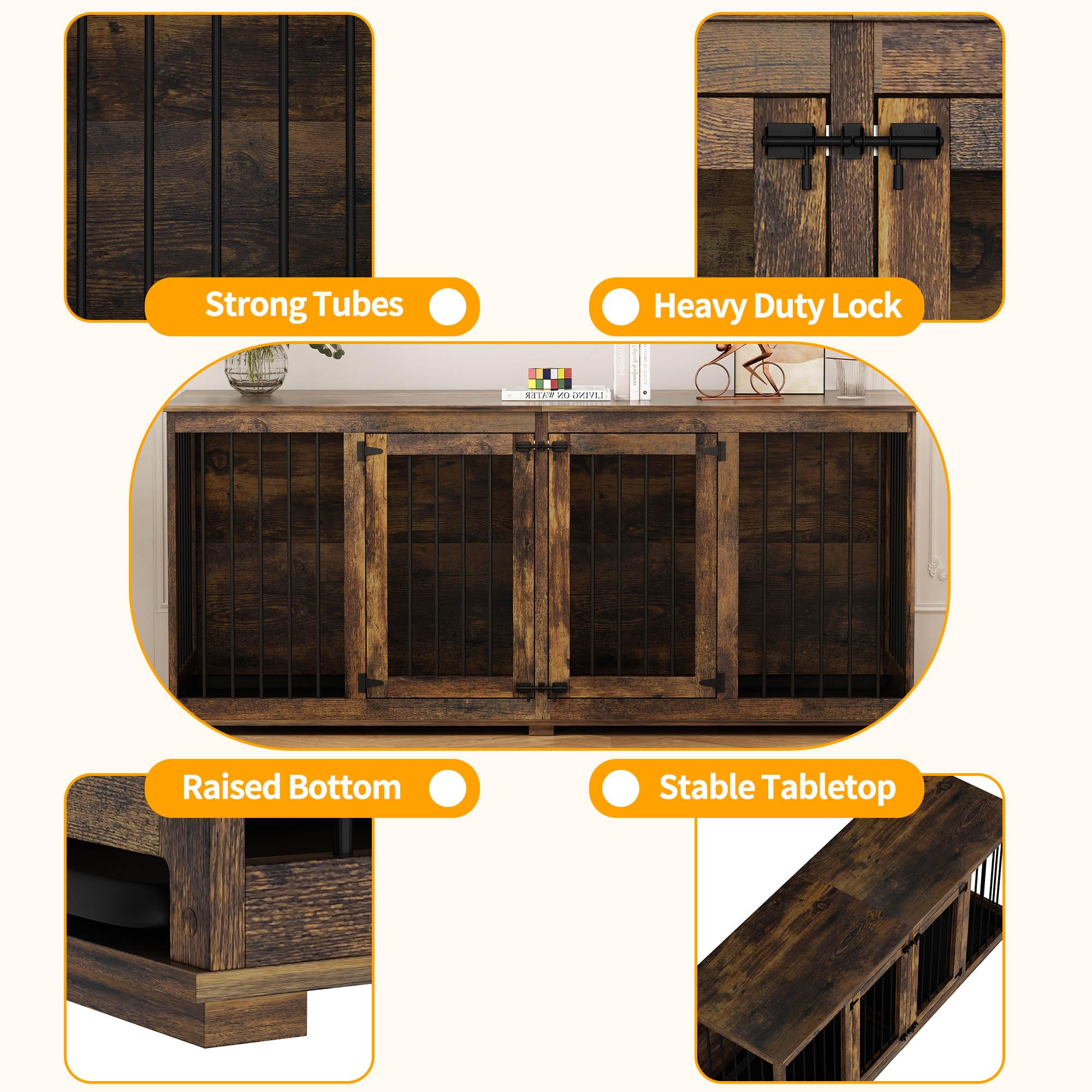 DAWNSPACES Large Funiture Style Dog Crate for 2 Dogs, 70  Wooden Dog Kennel Furniture with Removable Divider & 2 Trays, Indoor H