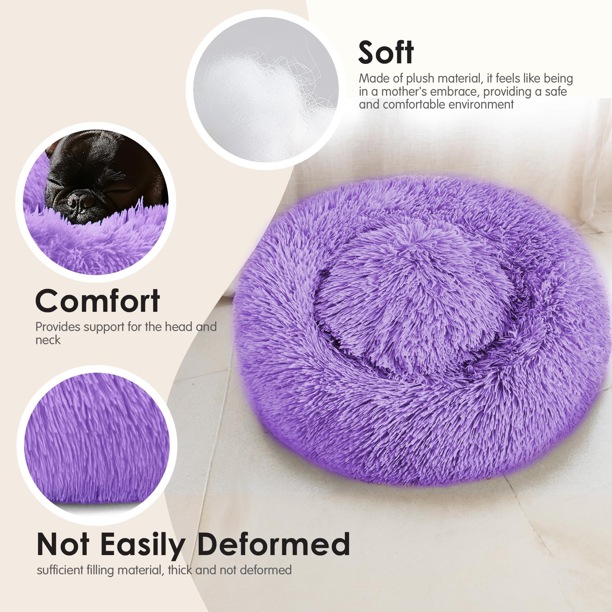28in Large Dog Bed, Medium Size Dog and Cats, Calming Donut Bed for Puppy and Kitten, Washable Round Fluffy Pet Bed (Purple)