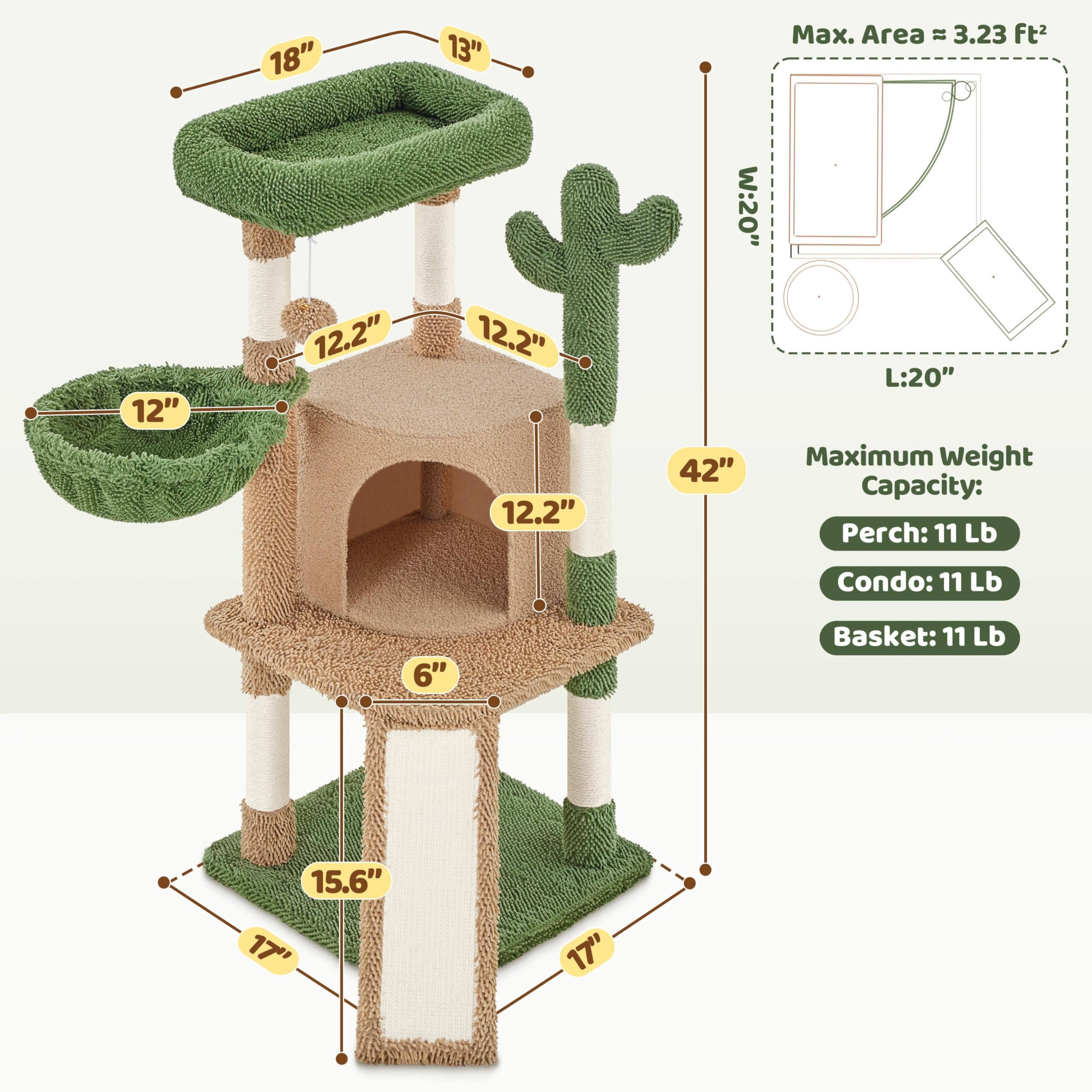 Yaheetech Cactus Cat Tree, 42in Cat Tower for Indoor Cats, Multi Level Kitten Condo Scratching Post, Pet Activity Center Furnitu