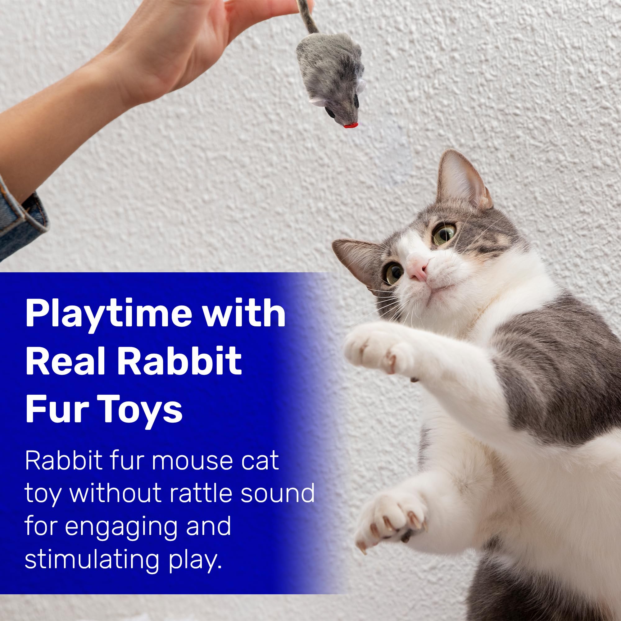 Real Rabbit Fur Mouse Cat Toy - Hard Body - Interactive Cat Toys, Real Fur Mice, 5 Pack Gray No Rattle