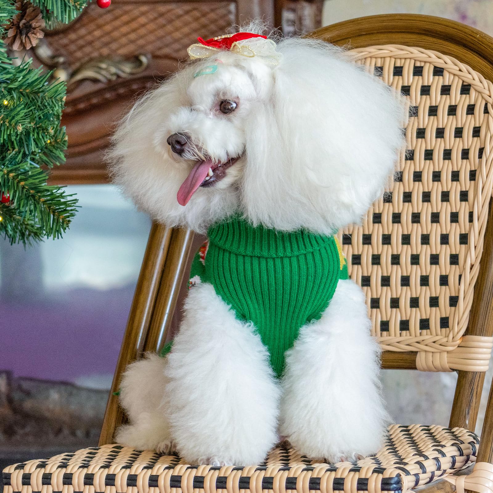 Cutebone Christmas Green Dog Sweater For Small Medium Dogs Tree Knit Puppy Sweater Turtleneck Pet Winter Clothes Cat Apparel Wit
