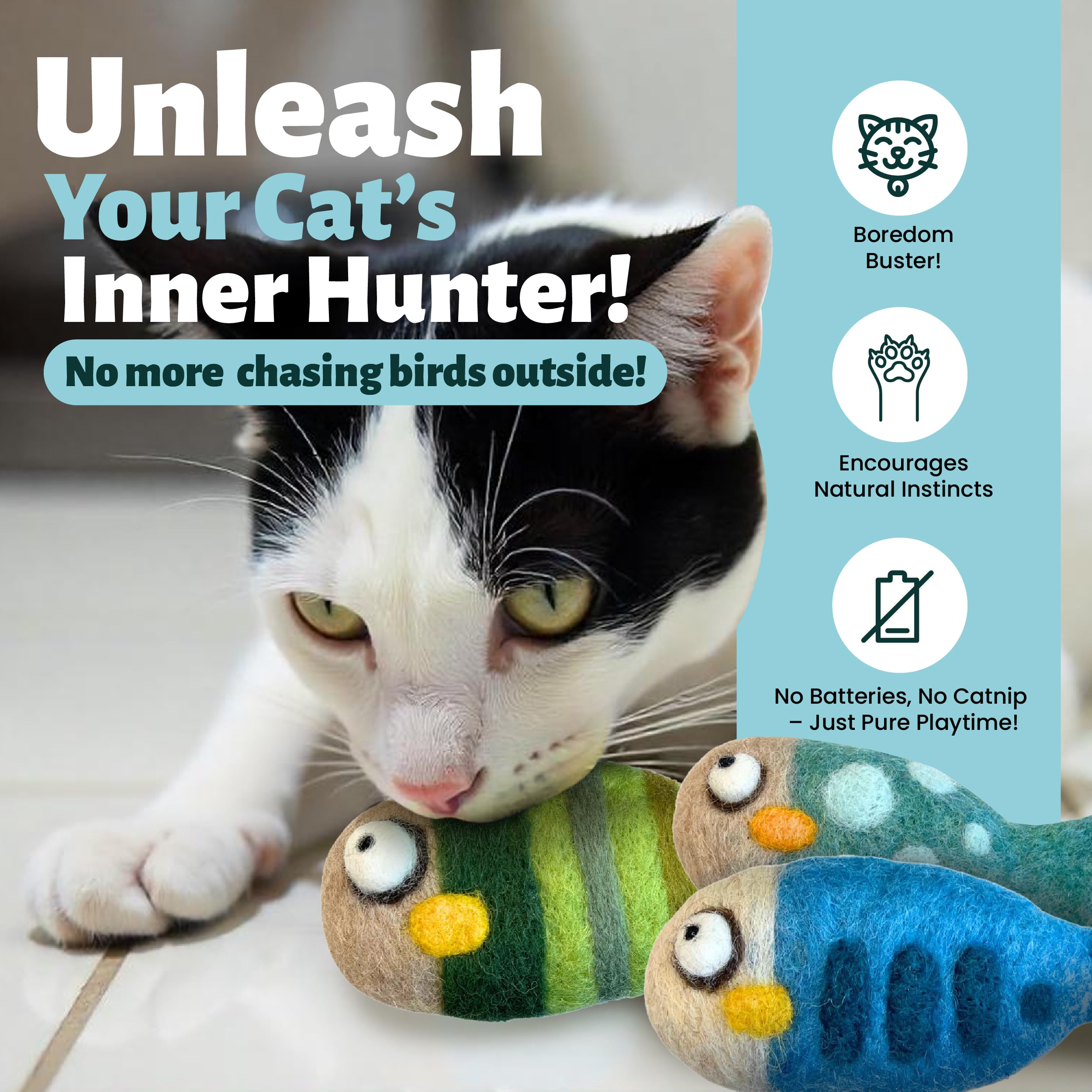 Woolbuddy ???????????? ?????????????? ?????? ?????? ?????????????????? Diy Cat Toys Set (3-Pack) - Handmade Felted Fish, Wool Fe
