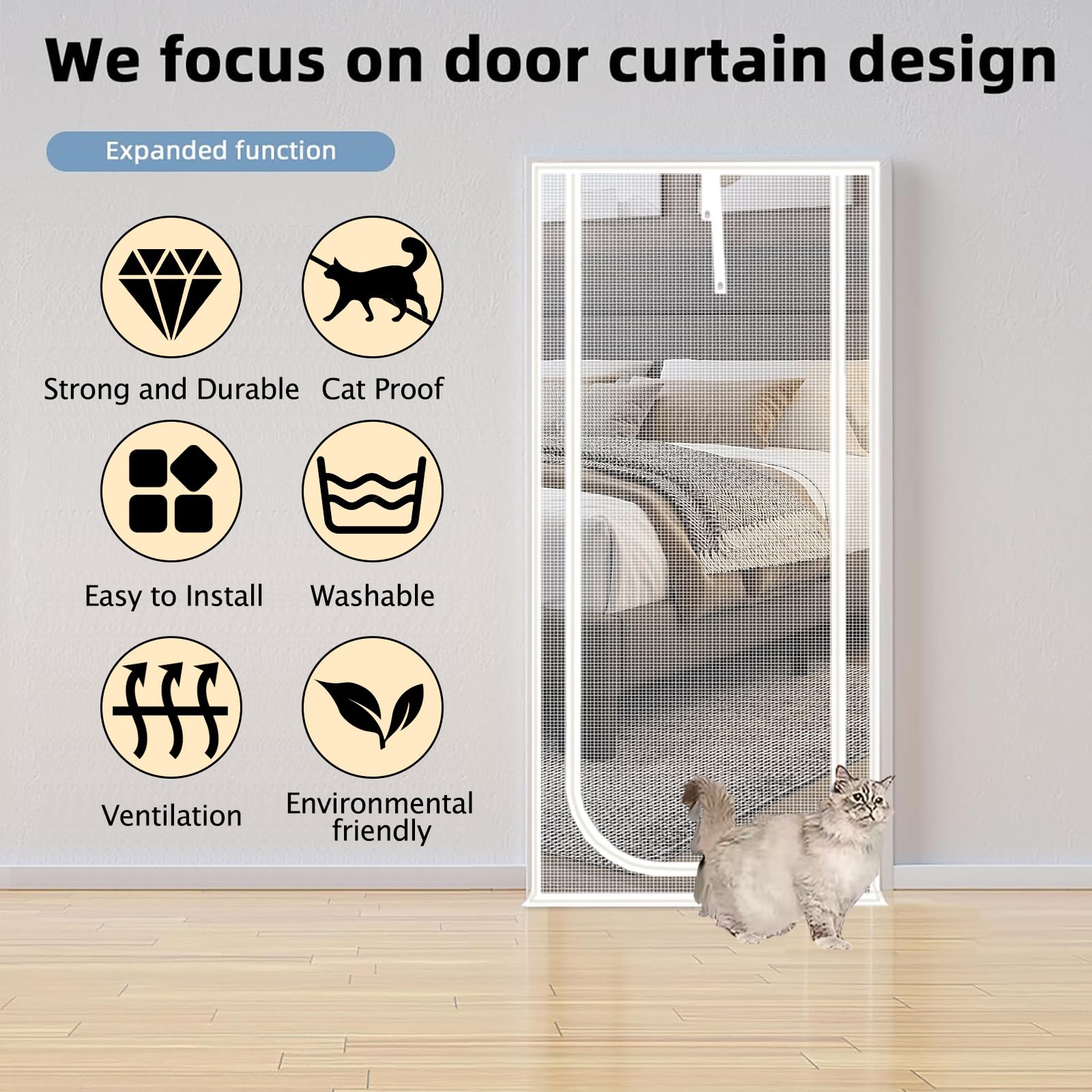 QWR Reinforced Cat Screen Door,Fits Door Size 34x 81,Thickened Cat Resistant Mesh Screen Door for Living Room,Kitchen,Bedroo