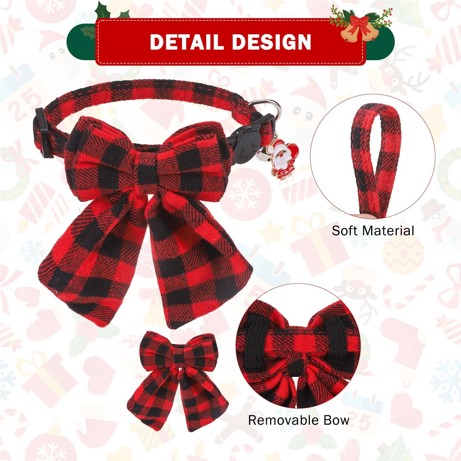 Scenereal Christmas Cat Collar With Bell & Stylish Bowtie, Classic Red Green Plaid Pattern Breakaway Cat Collars Accessories For