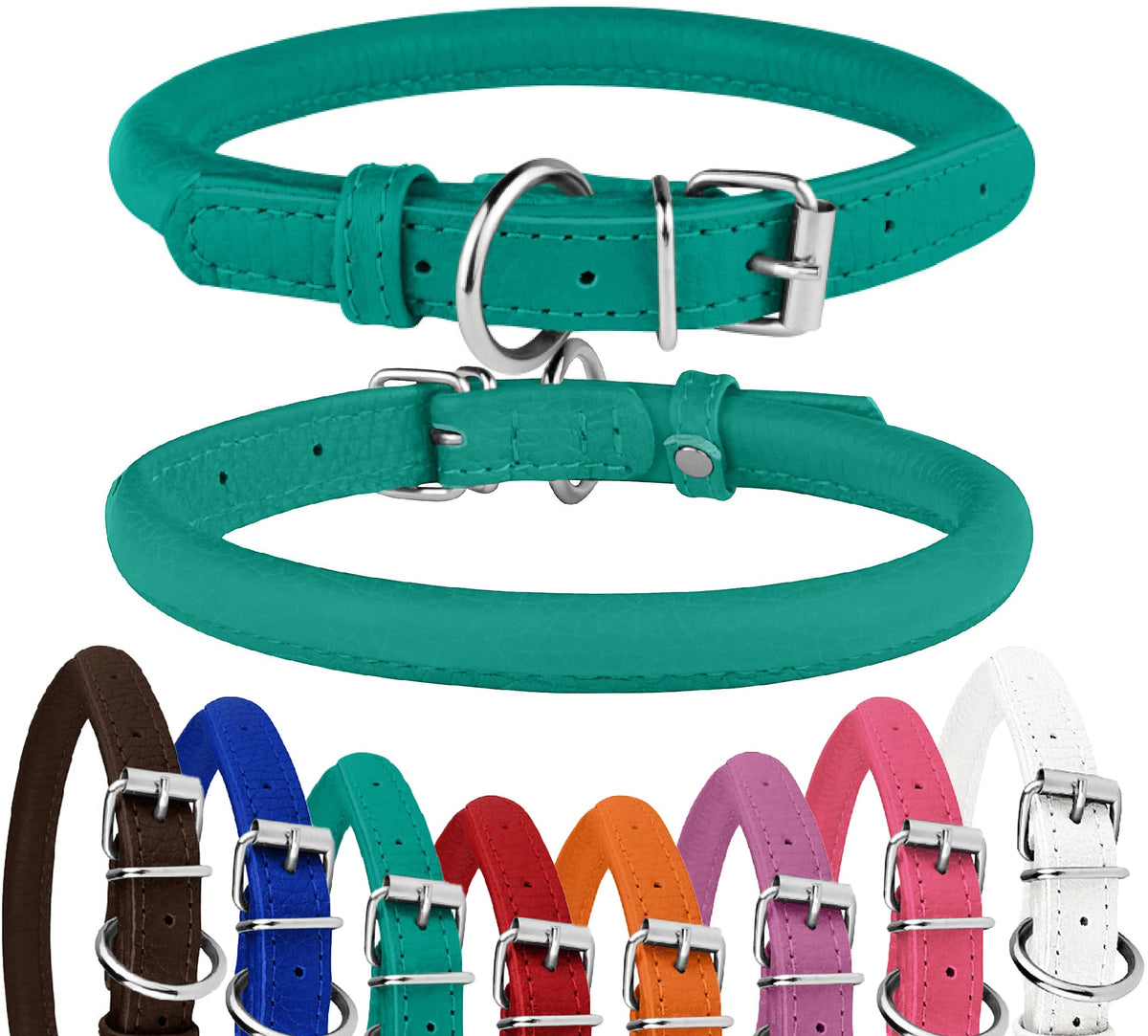 Bronzedog Rolled Leather Dog Collar Round Rope Pet Collars For Small Medium Large Dogs Puppy Cat Red Pink Blue Teal Brown (Neck Size 9'' - 11'', Teal)