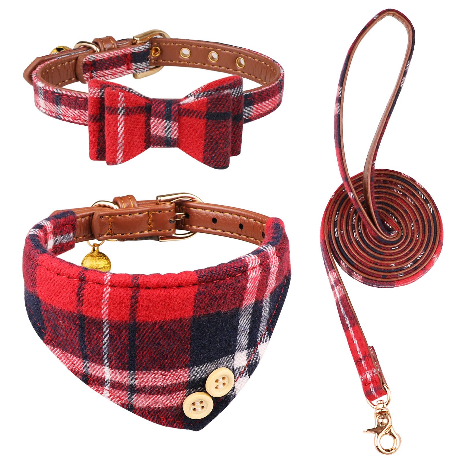 3 Pcs Puppy Collar And Leash Set Dog Collars For Small Dogs Dog Bow Tie With Bell Puppy Bandana Leather Dog Collar For Small Dogs Puppies And Cats(Red)