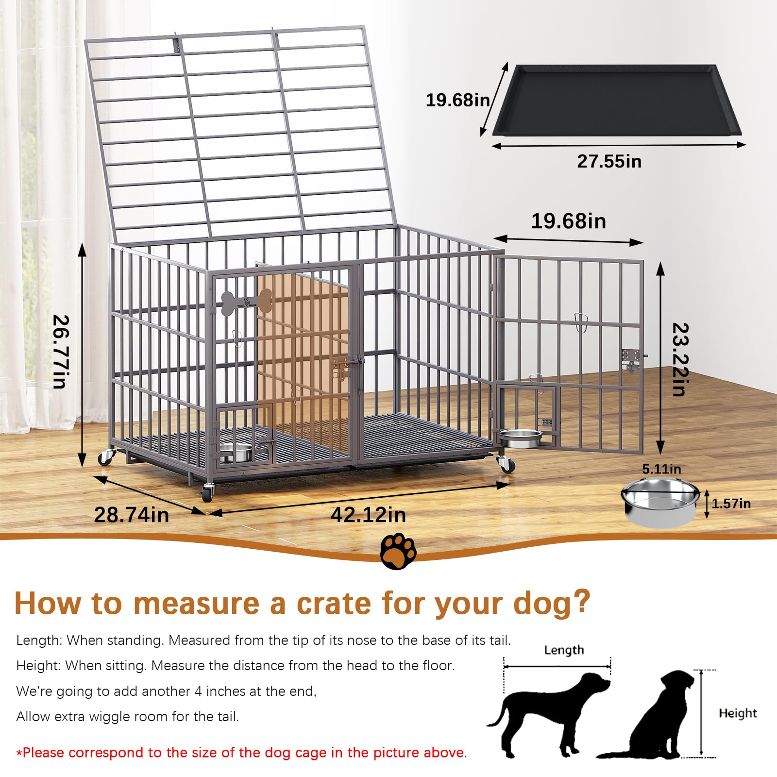 Aboxoo 42/48 Inch Heavy Duty Metal Dog Crate For 2 Dogs/Large Dog,All Metal Open Top,Dog Kennel Indoor With Wheels,Floor Grid, T