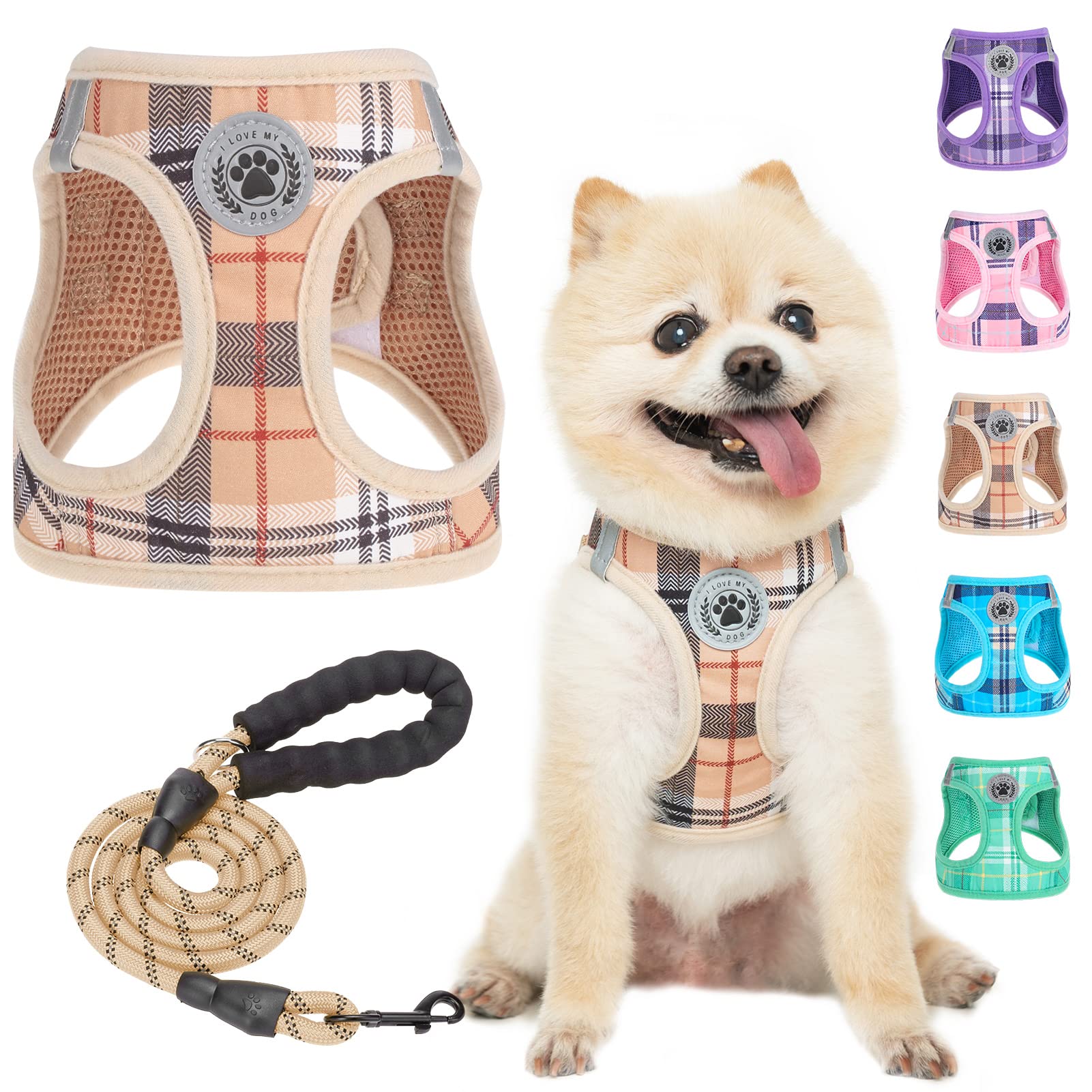 Beautyzoo Small Dog Harness And Leash Set,Step In No Chock No Pull Soft Mesh Dog Harnesses Reflective For Extra-Small/Small Medium Puppy Dogs And Cats, Plaid Dog Vest Harness For Xs S Pets, Beige Xxs