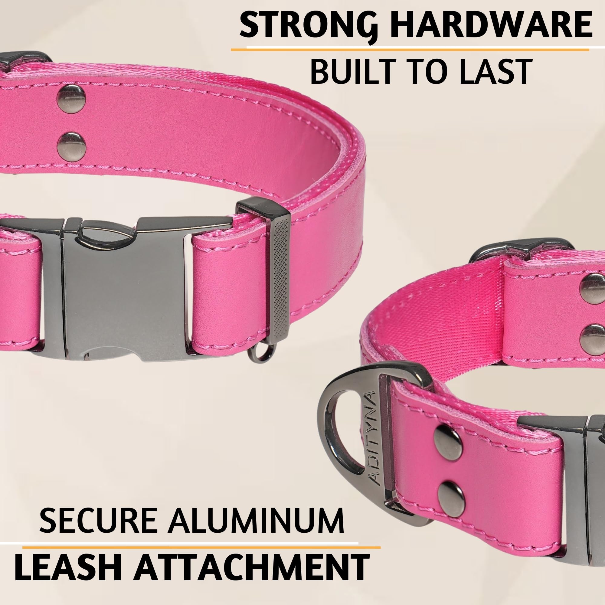 ADITYNA Pink Leather Dog Collar with Metal Buckle - Heavy-Duty, Adjustable for Medium & Large Girl Dogs (Pink, Fits 15-21'' Neck