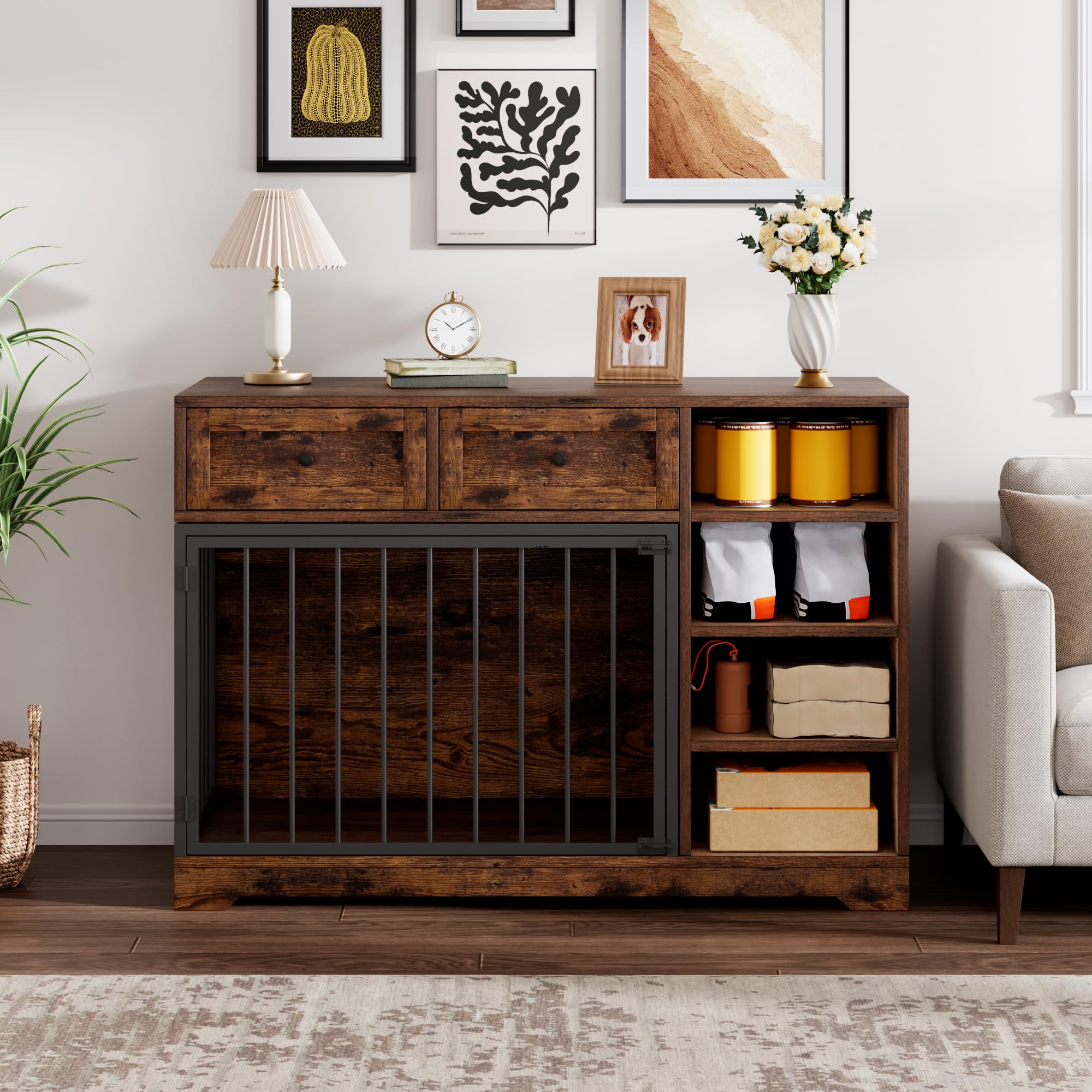 IDEALHOUSE 47    Large Dog Crate, Dog Kennel Indoor with 2 Drawers and 4 Shelves, Dog Crate Furniture TV Stand, Wooden Dog Cage