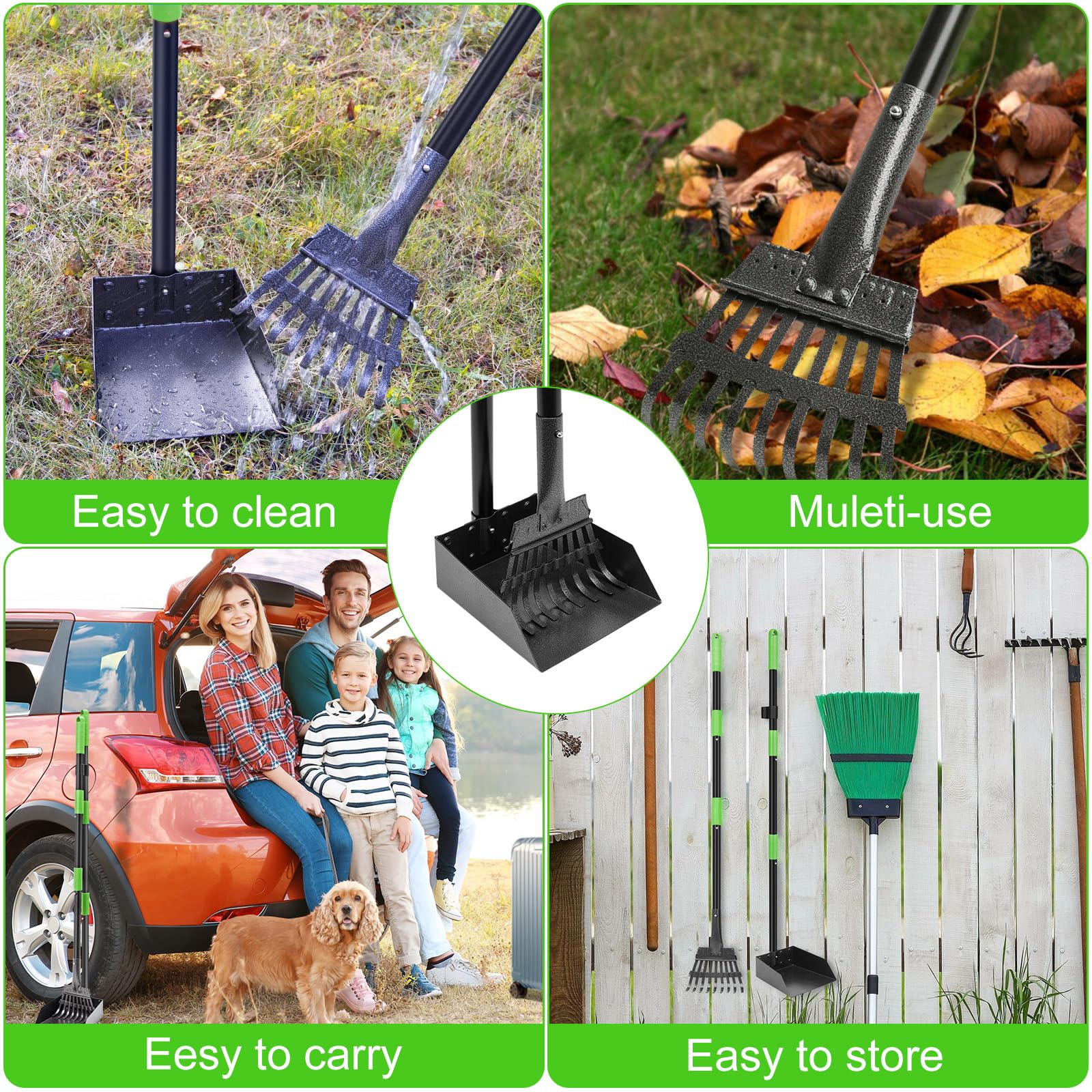 Twocorn Non-Breakable Pooper Scooper, Dog Pooper Scooper Tray & Rake Set With Adjustable Stainless Steel Long Handle For Large M