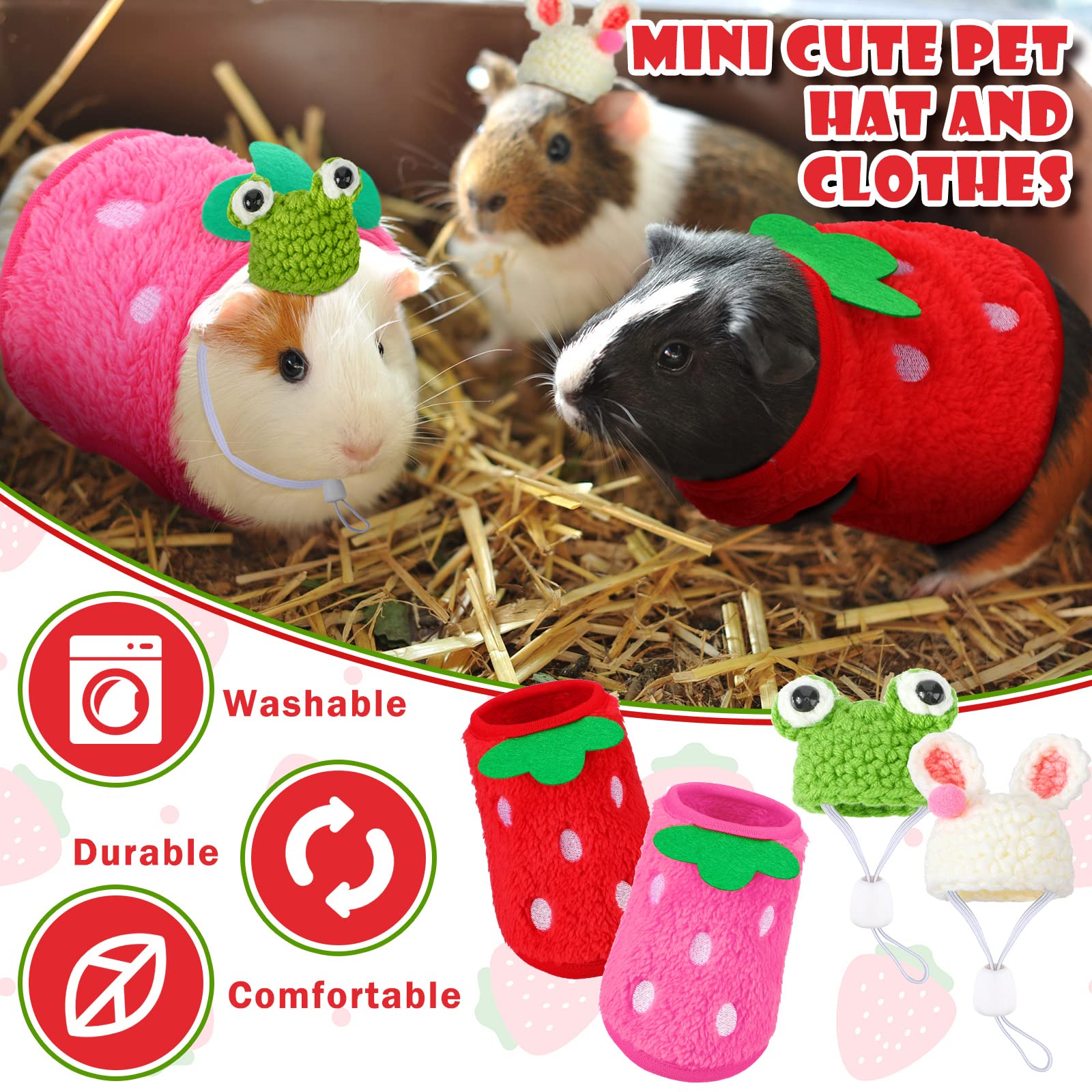 Mixweer 4 Pieces Guinea Pig Stuff Includes 2 Guinea Pig Clothes And 2 Cute Mini Hats With Adjustable Strap Small Animal Warm Vest Cozy Hand Knitted Hat For Hamster Bunny(Frog Style)