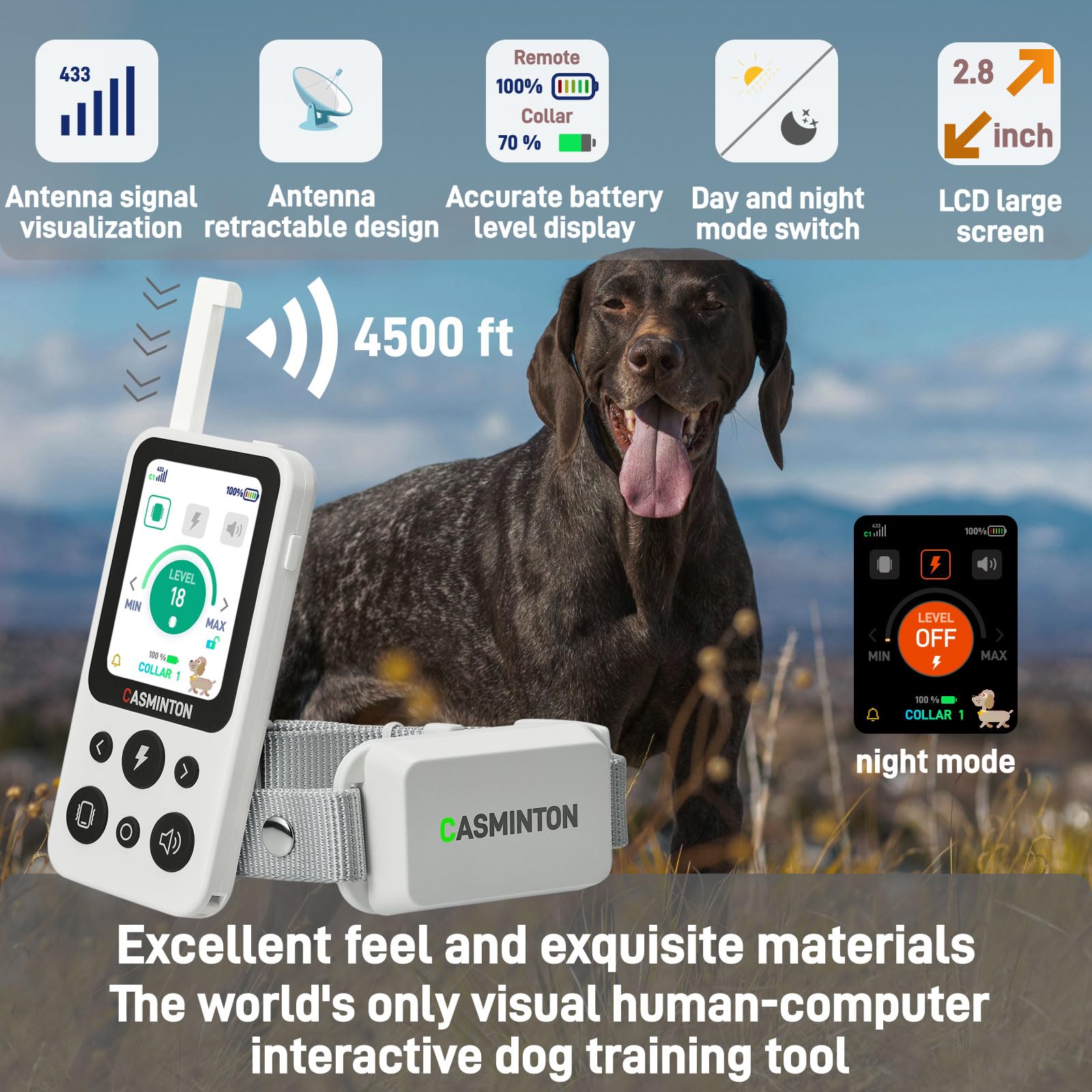 Casminton Premium Dog Training Collar With Remote - Rechargeable, Waterproof,Shock Off Mode,Beep/Vibration/Shock Modes, Adjustab