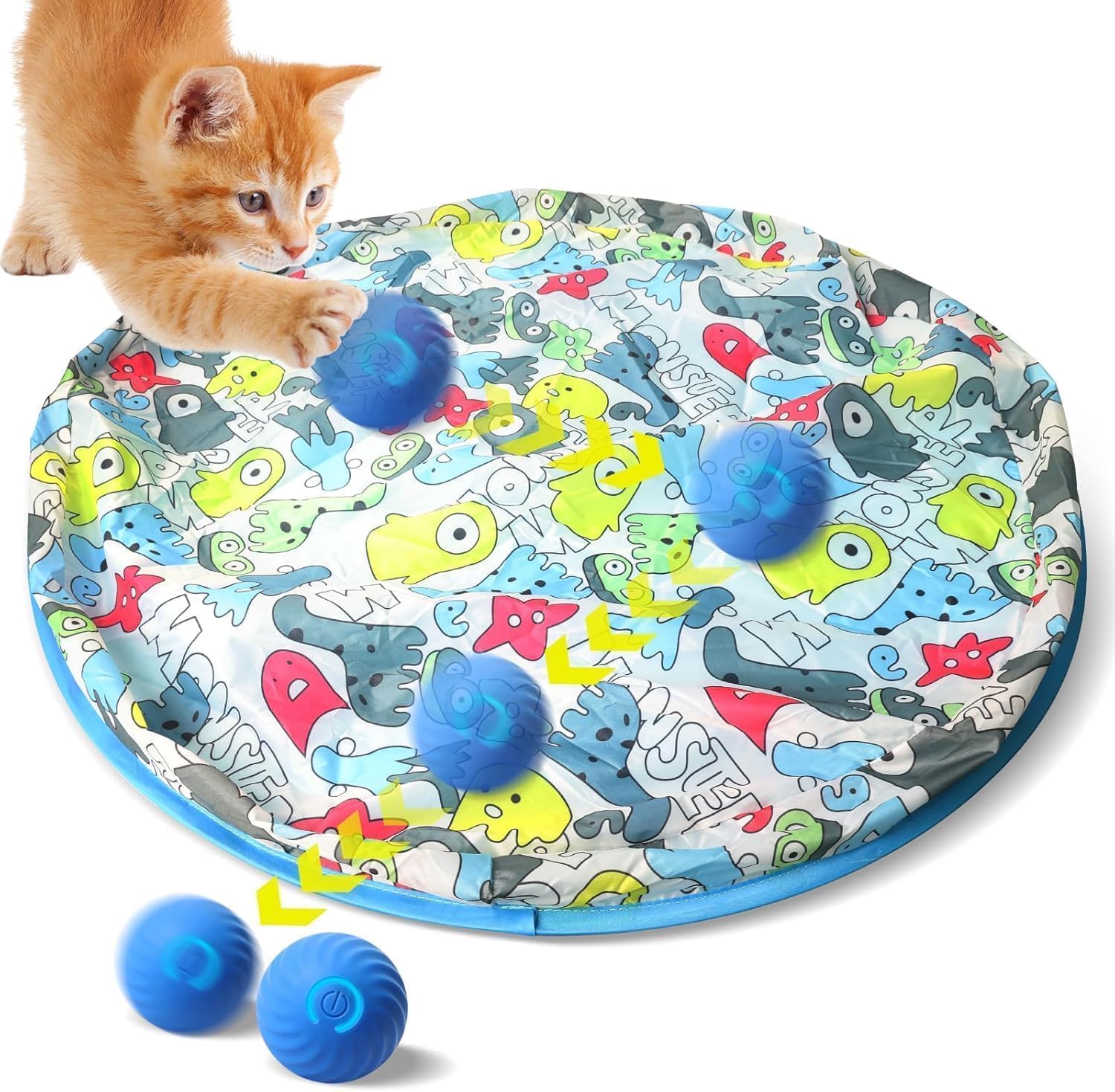 Zelikovitz Interactive Cat Toys, Fast Bouncing & Rolling Ball In Play Mat, Automatic Motion Activated Moving Ball Hide And Seek 
