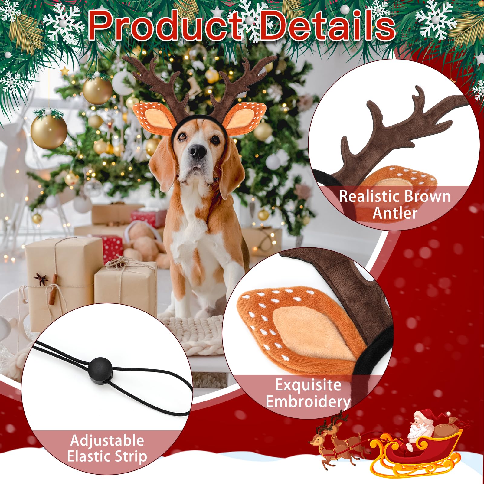 BWOGUE Dog Elk Reindeer Antler Headband with Santa Hat Pet Pet Christmas Costume Headwear Accessories for Dogs and Cats (Large,