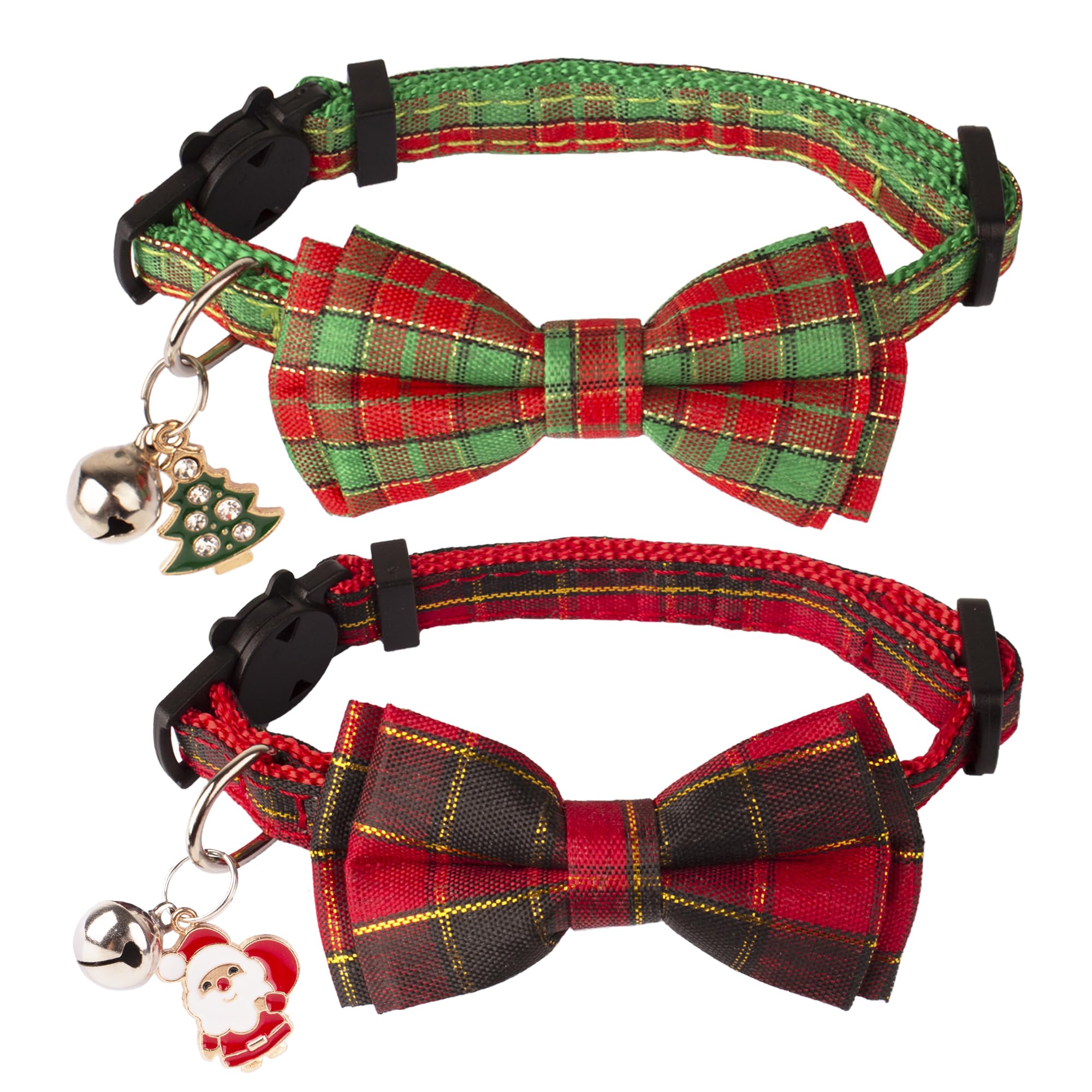 Adoggygo Christmas Cat Collars With Bow Bell, Breakaway Red Green Plaid Christmas Bowtie Collars For Girl Boy Cats Kittens