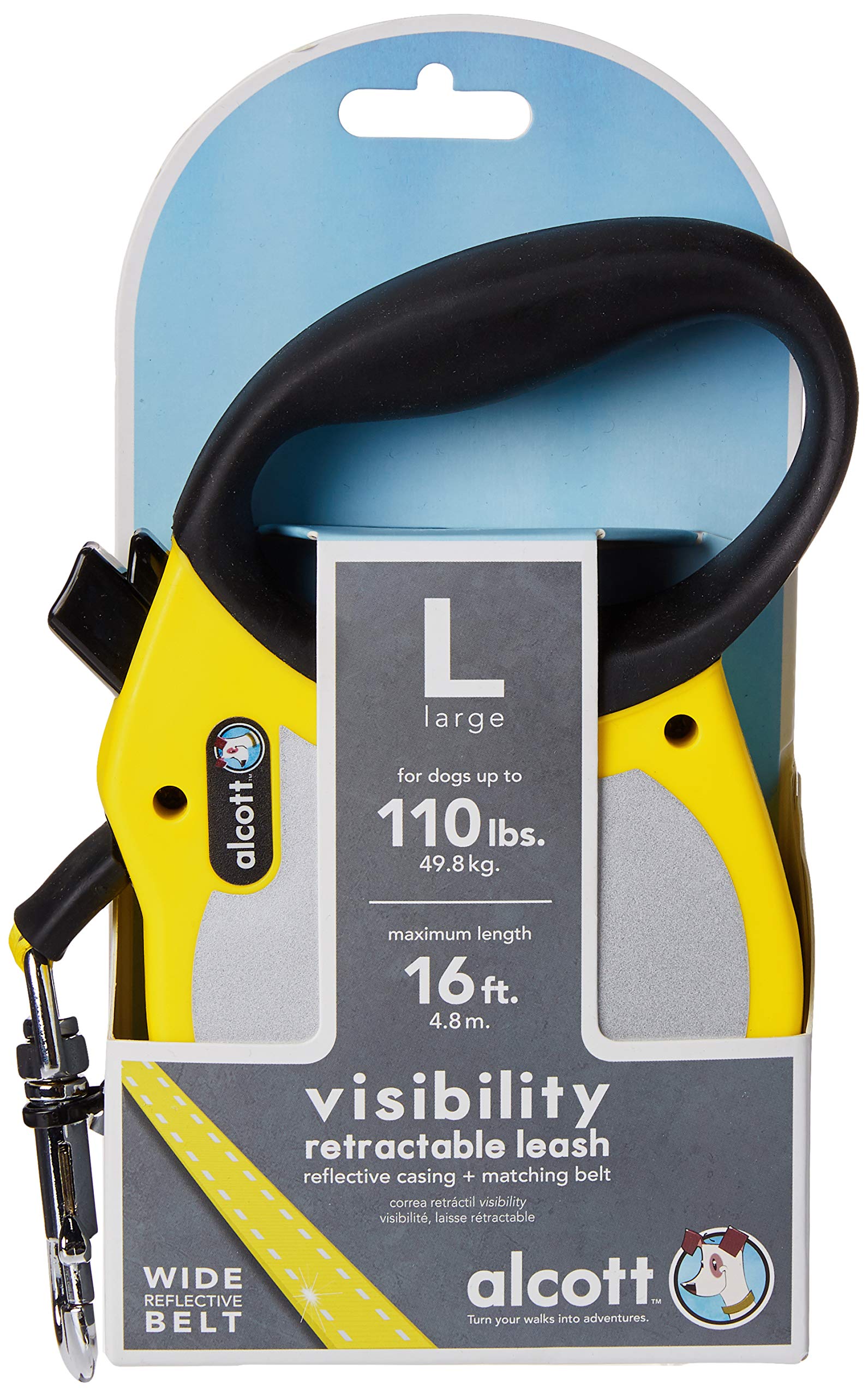 Alcott Visibility Retractable Reflective Belt Leash, 16' Long, Large For Dogs Up To 110 Lbs., Neon Yellow With Reflective Accent