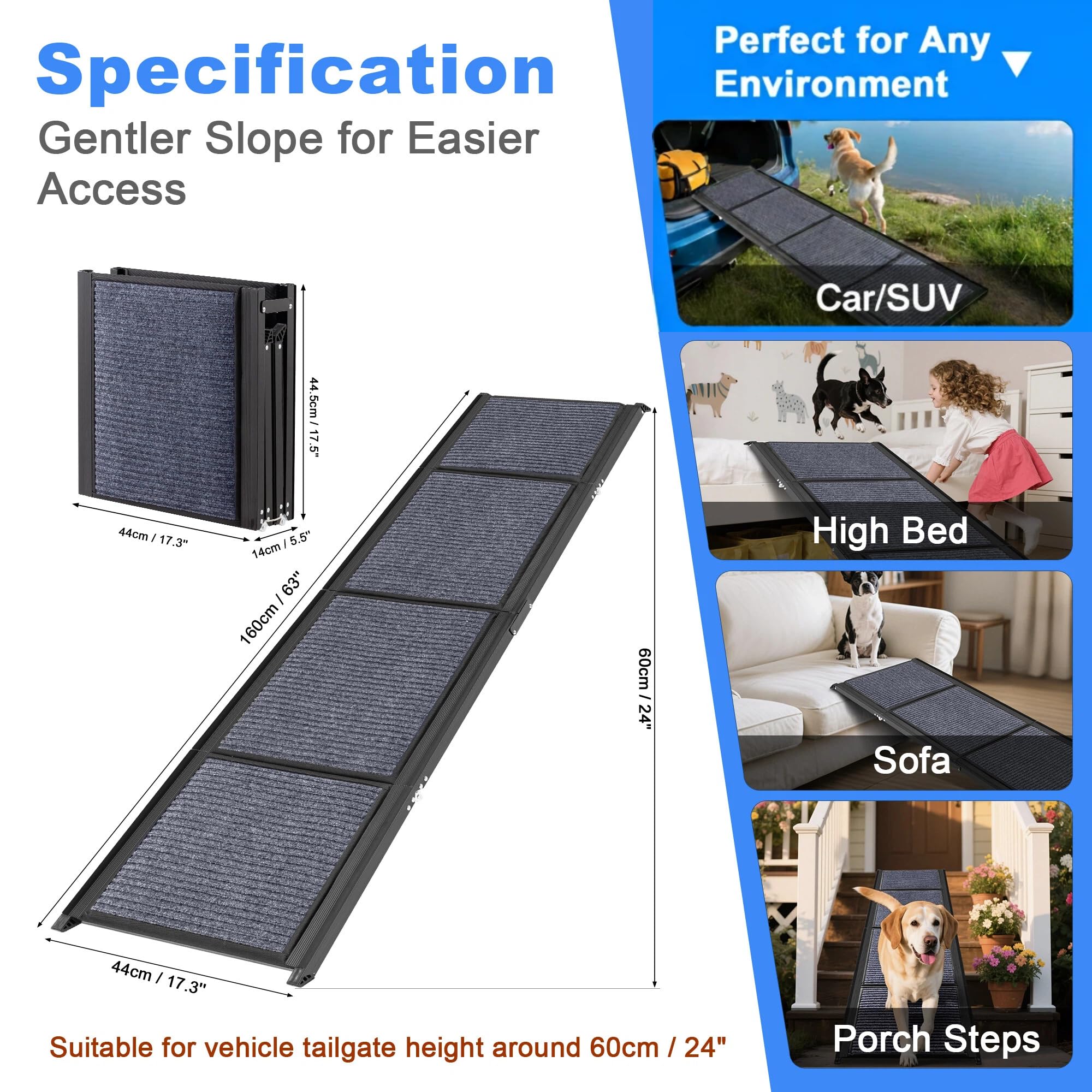 COSIEST Dog Ramp for Car, 63 L x 17.3 W Folding Pet Ramp for Large Dogs Up to 250LBS, Portable Dog Steps with Non-Slip Surface f