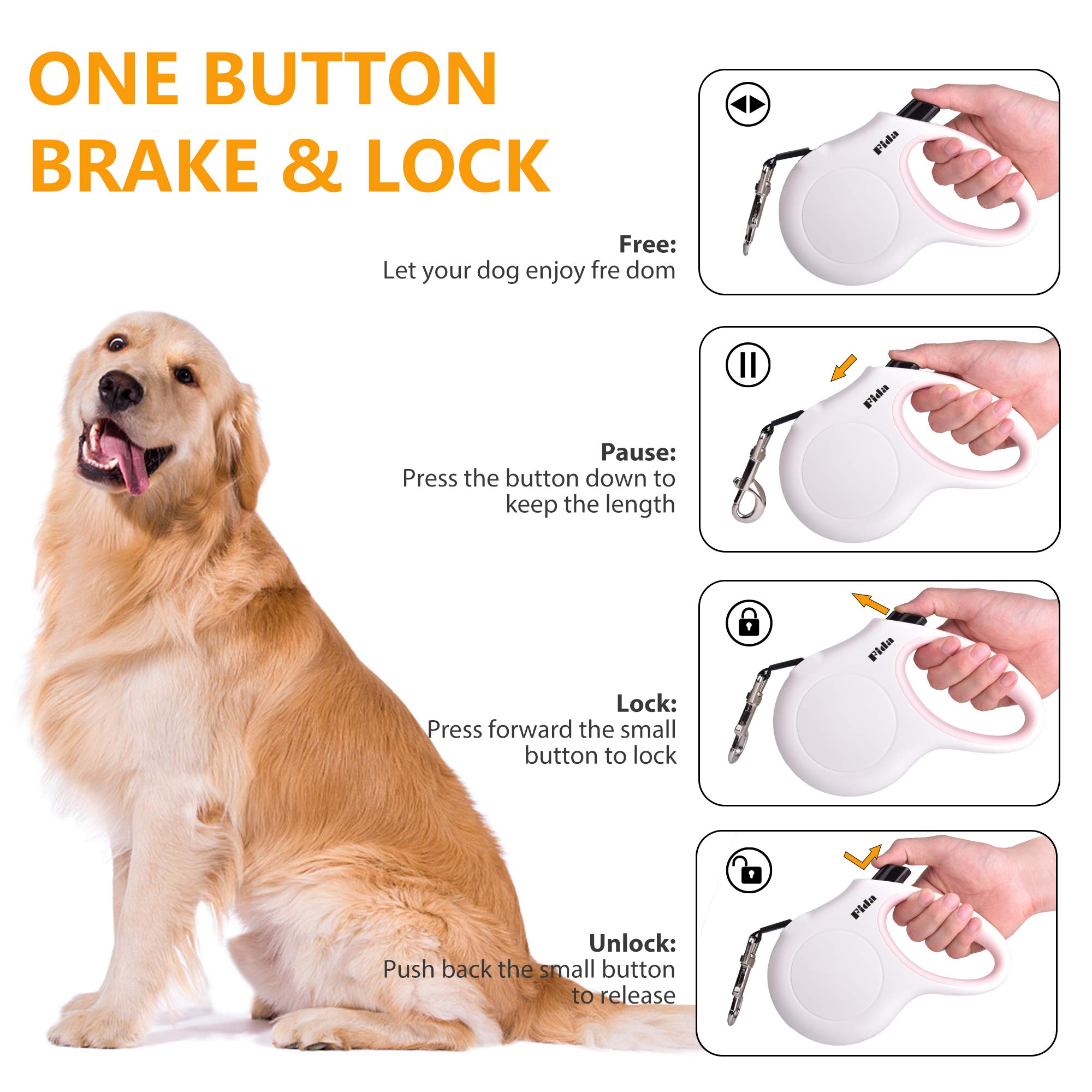 Fida Retractable Dog Leash With Dispenser And Poop Bags, 16 Ft Pet Walking Leash For Large Dog Up To 110 Lbs, Anti-Slip Handle, Tangle Free, Reflective Nylon Tape (L, White)