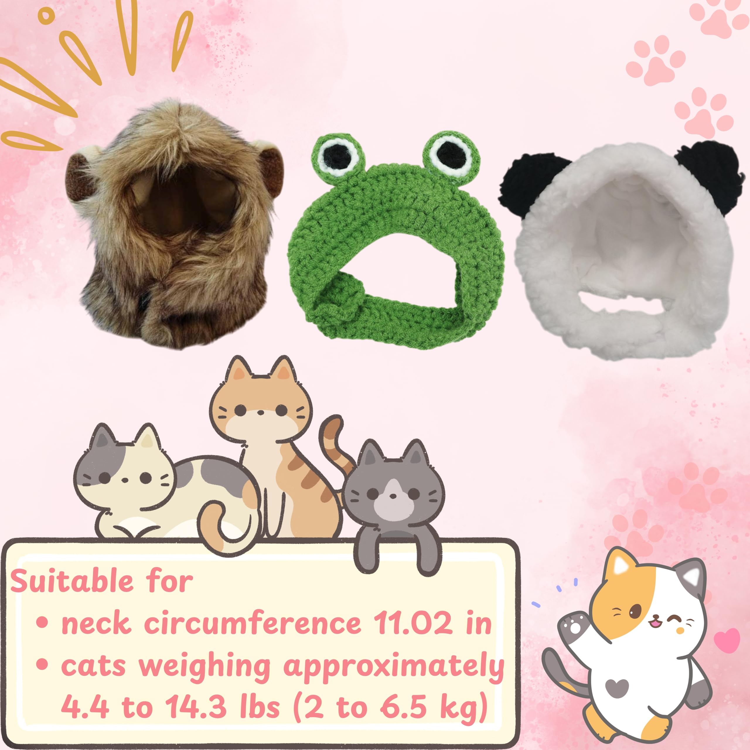 3Pcs Hat For Cat Animal Costume Pack, Lion Head For Cats, Cat Panda Costumes, Frog Costume For Cats, Adjustable Washable Soft Sm