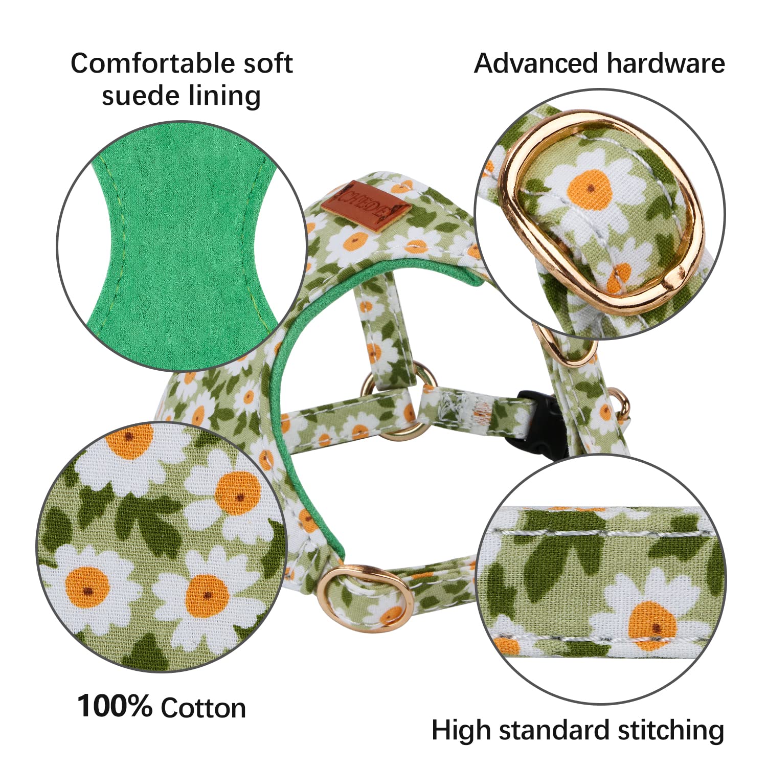 CHEDE Floral Pattern Dog Harness - Lightweight and Soft, Adjustable for Small & Medium Dogs, Includes Leash - Green Daisy