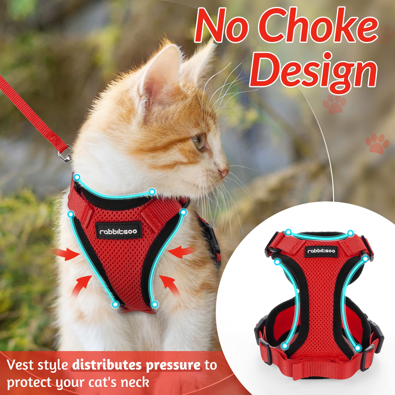 Rabbitgoo Cat Harness And Leash For Walking, Escape Proof Soft Adjustable Vest Harnesses For Cats, Easy Control Breathable Reflective Strips Jacket, Red, M