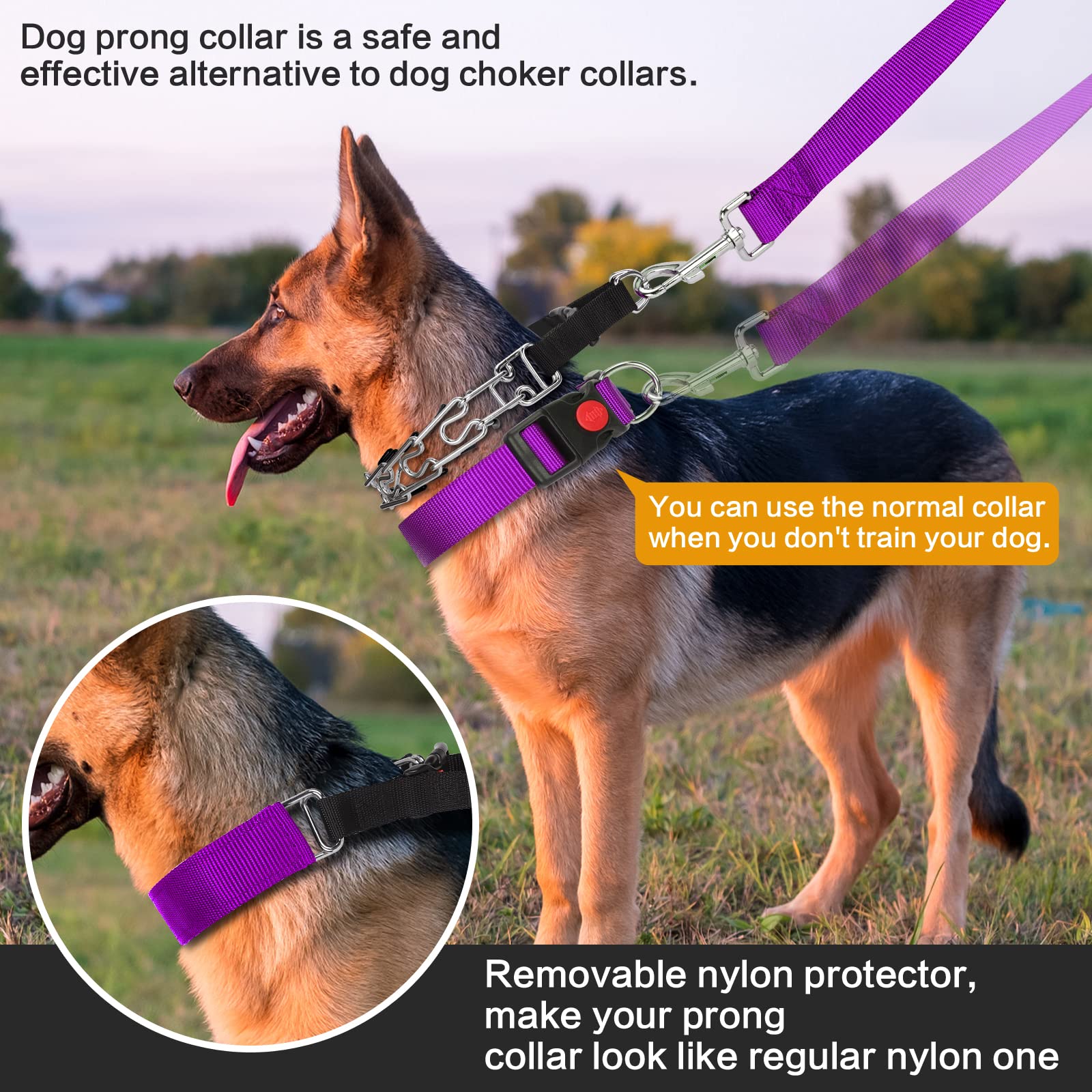 Prong Training Collar with Comfort Tips and Quick Release - Dog Choke Pinch Collar with Nylon Cover - Classic Collar and Leash f