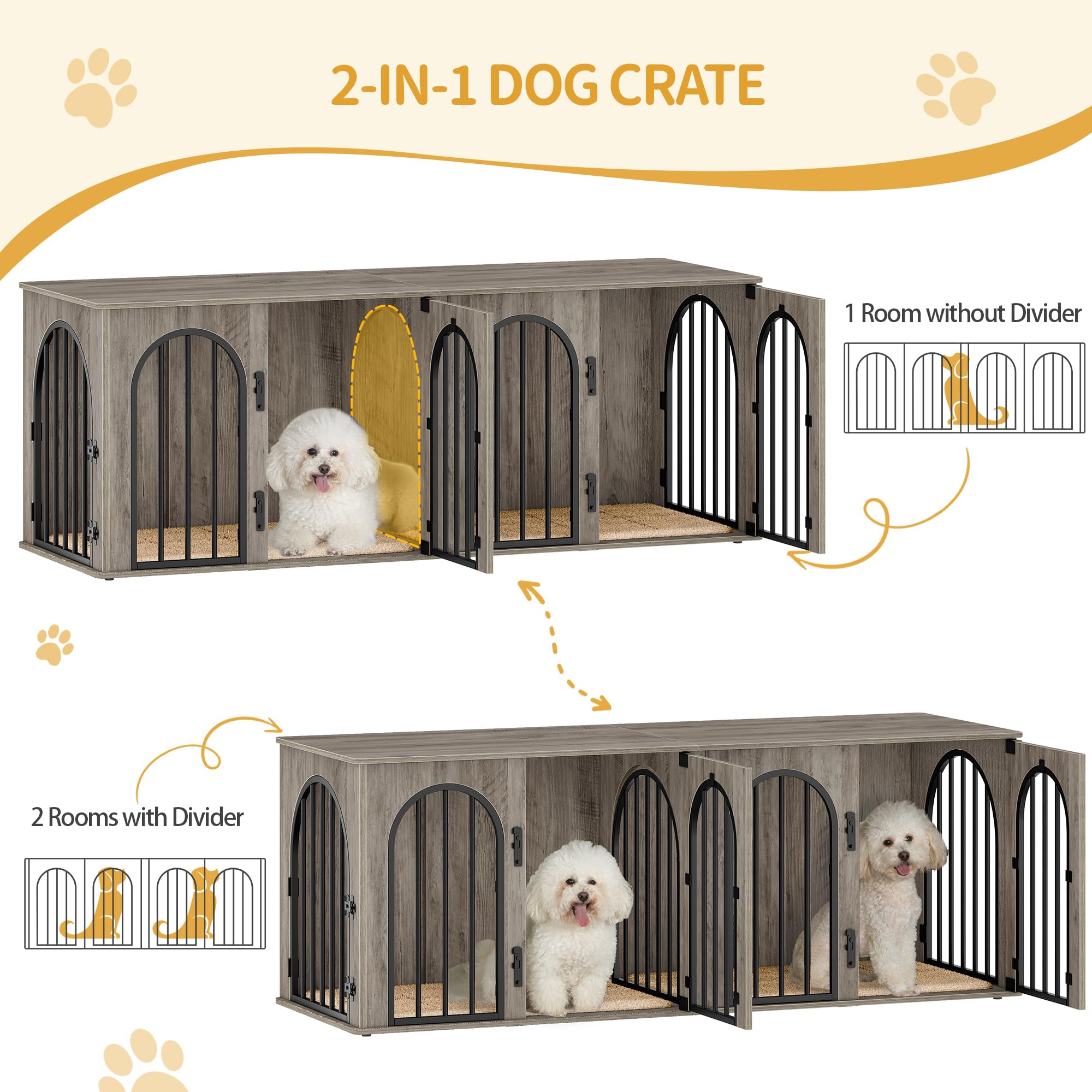 Hzuaneri 63 Dog Crate Furniture for 2 Dogs, Heavy Duty Indoor Dog Kennel TV Stand, L Wooden Dog Cage with Divider for Medium Lar